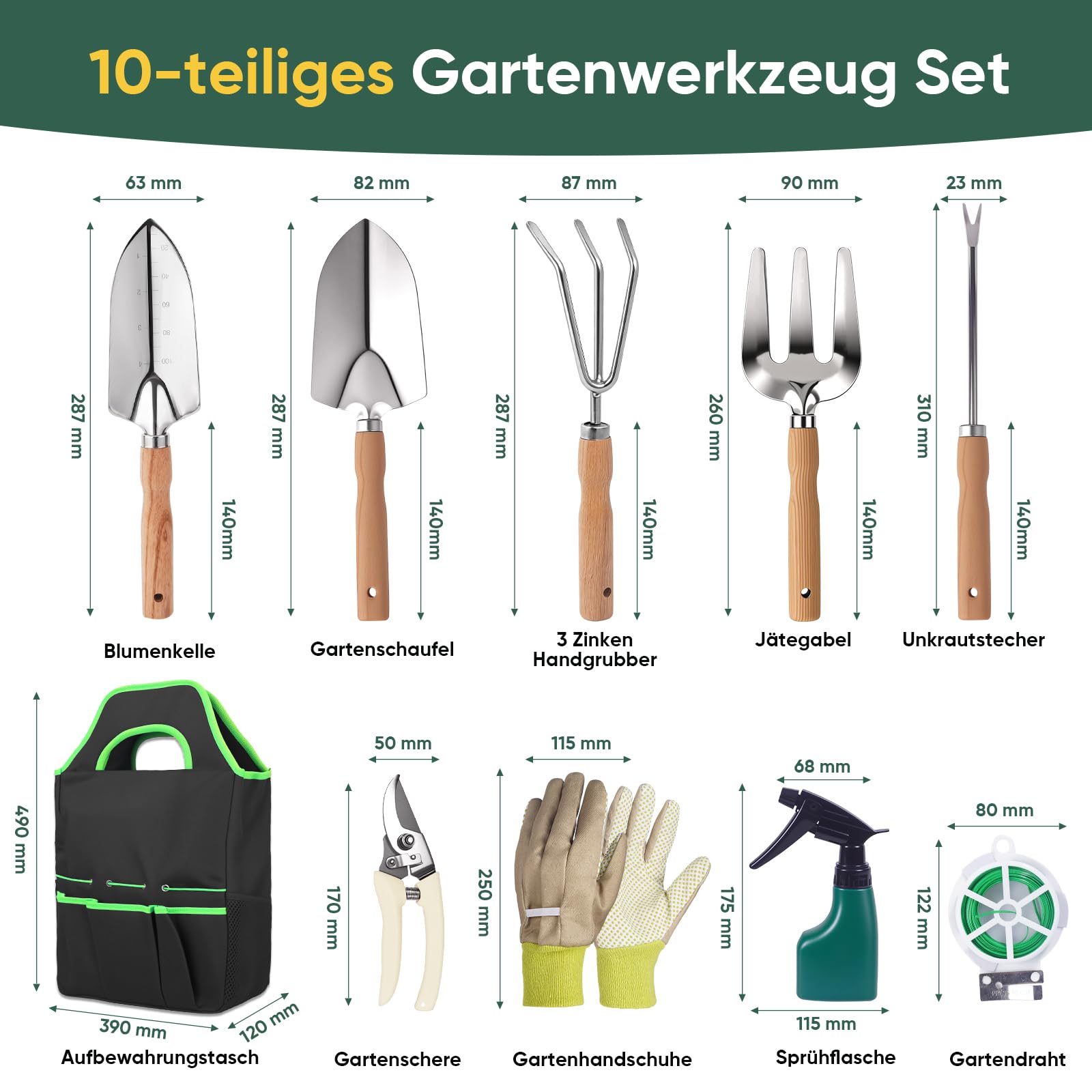 Gartenwerkzeug Set, 10-teilig Gartengeräte aus Hochwertigem Edelstahl, inkl. klein Gartenschaufel Gartenschere Gartentasche Handschuhe