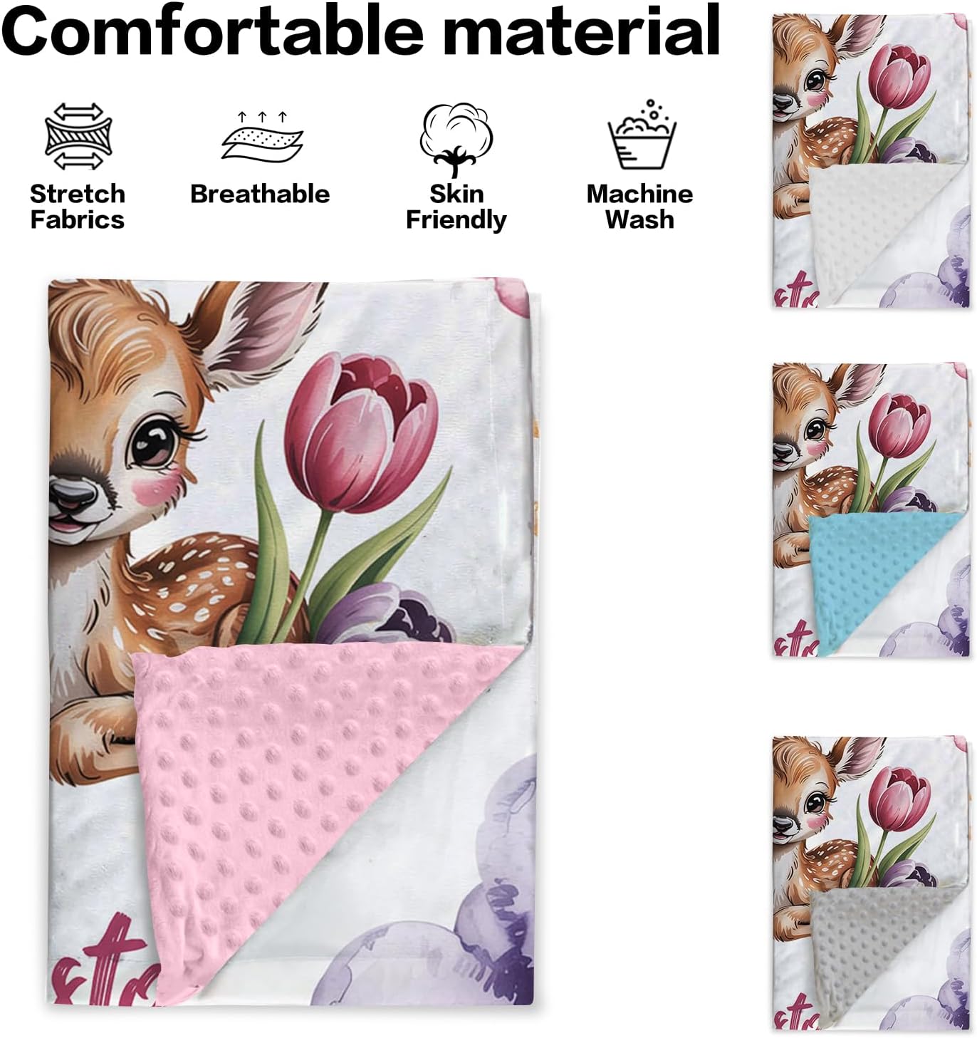 Personalized Baby Blankets with Name – Custom Sika Deer Baby Blanket for Girls, Flowers Pattern Infant Blankets with Soft Dotted Back, Nursery Bedding, Newborn Shower Gift