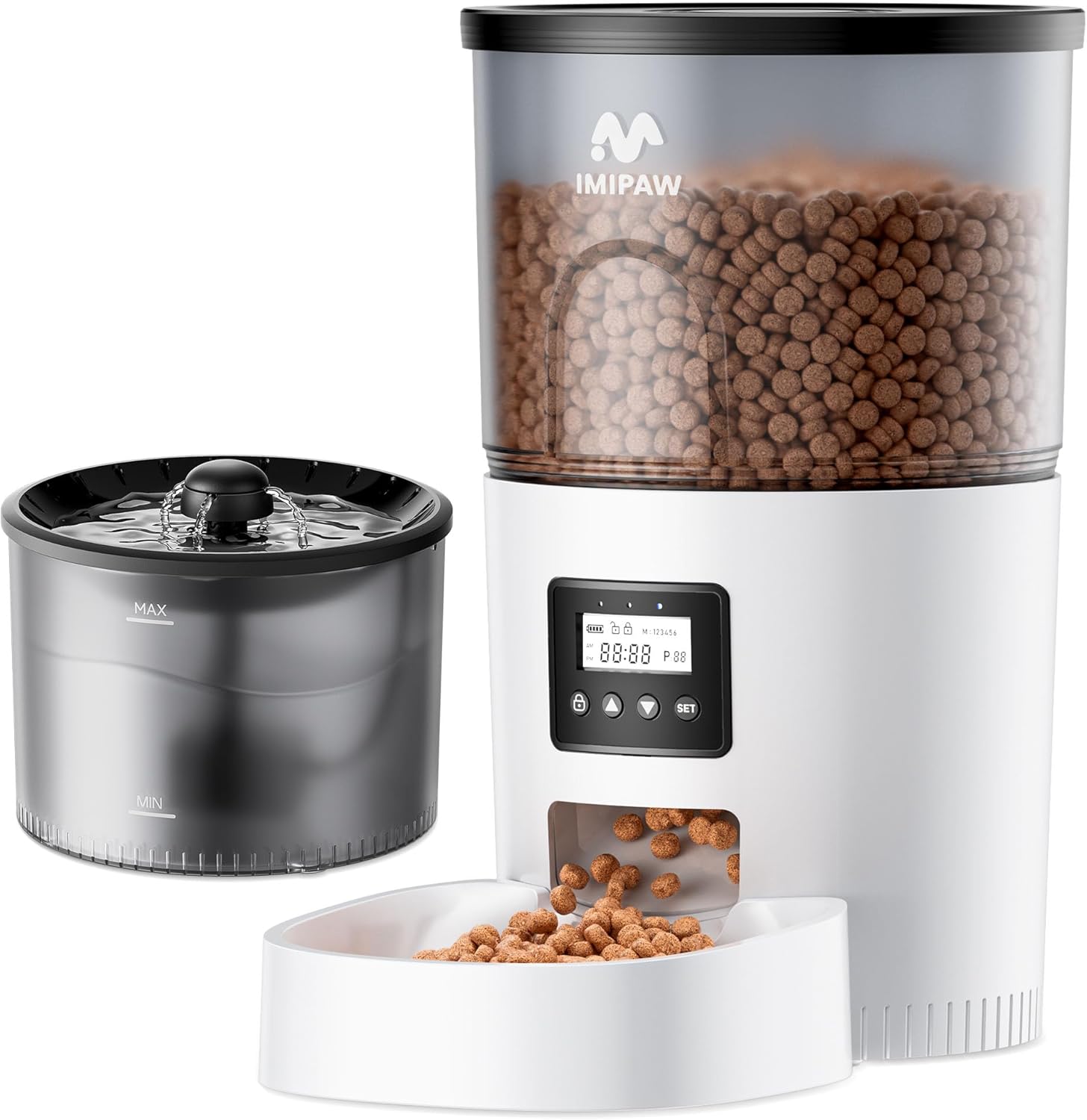 Automatic Cat Feeder and Water Fountain, Timed Pet Dry Food Dispenser, Programmable Portion Control, 1-6 Meals Per Day, Cat Fountains for Drinking with Filter, Small Pets (3L Combo)