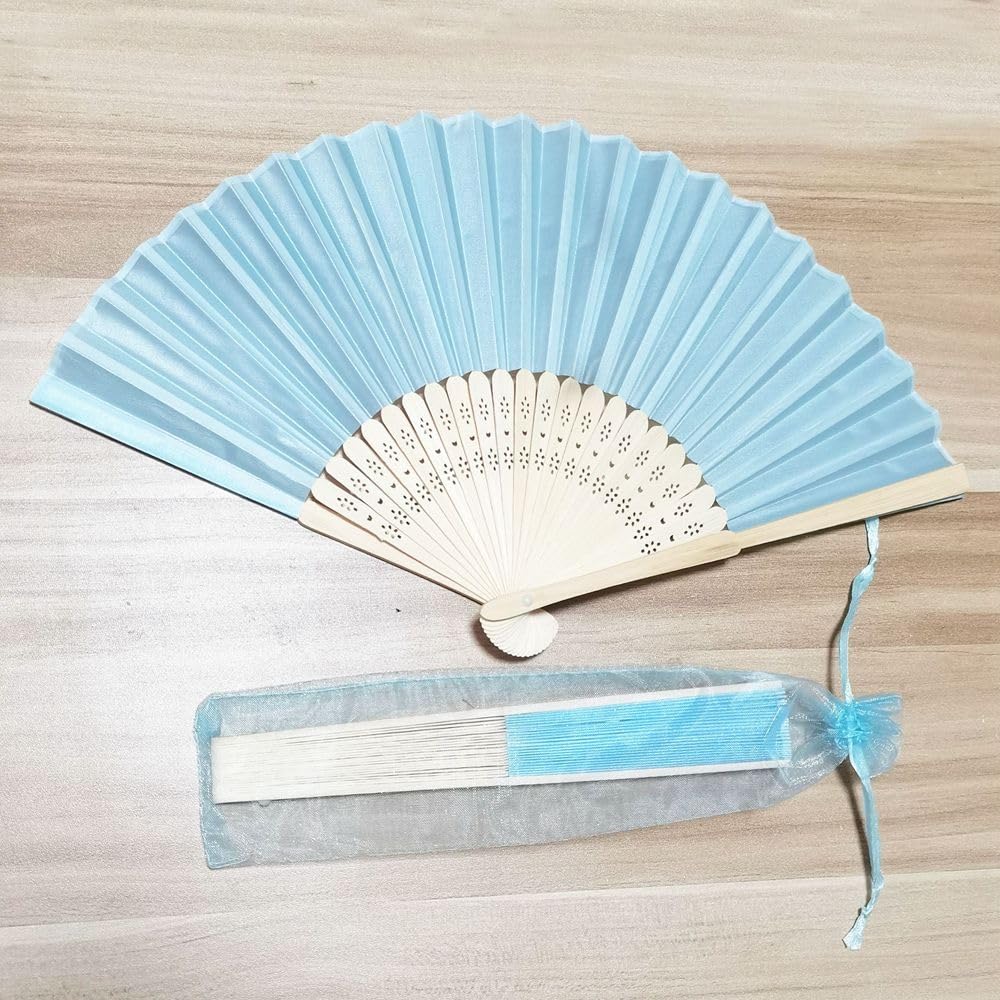 Los Fanáticos De La Boda Personalizan La Decoración Rural Fiesta De Playa Nombra Regalos Personalizados Invitados, Fans De Seda De Madera Novias (40pcs,Light blue 17)