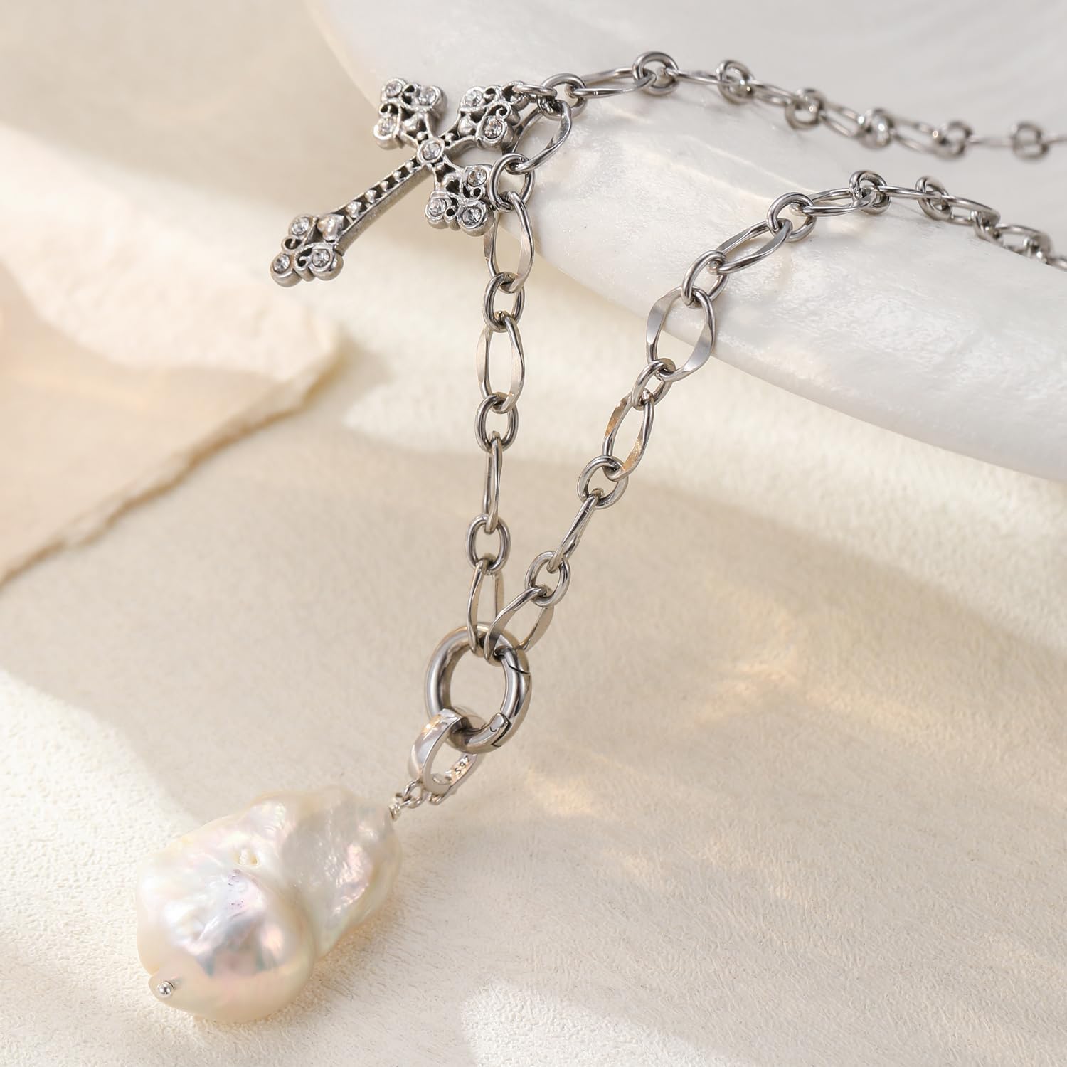 White Baroque Pearl Cross Necklace - Image 3