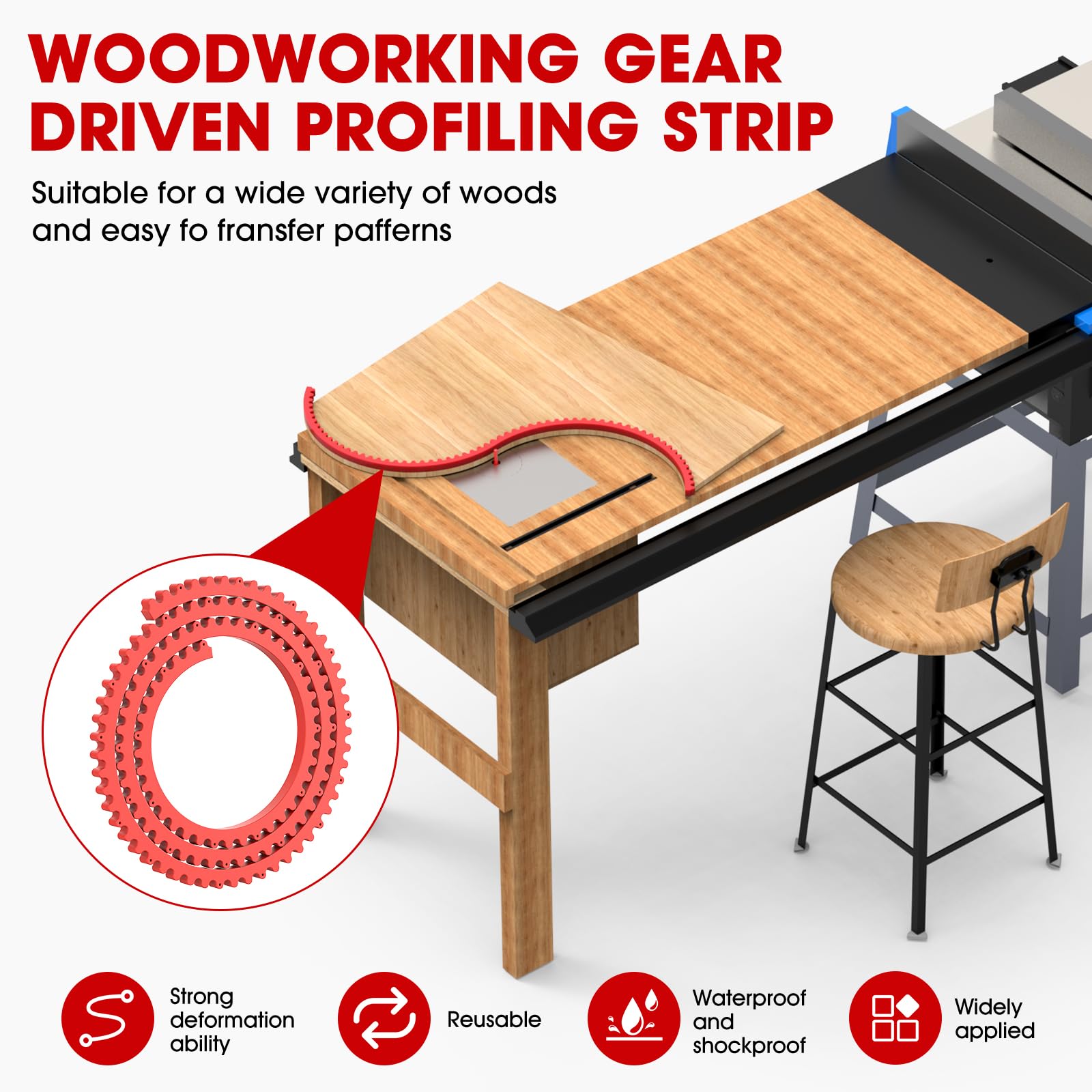 Woodworking Profiling Strip – Gear-Driven Flexible Curve Template, 1M Red PC Router Guide For Complex Shapes & Contour Duplication