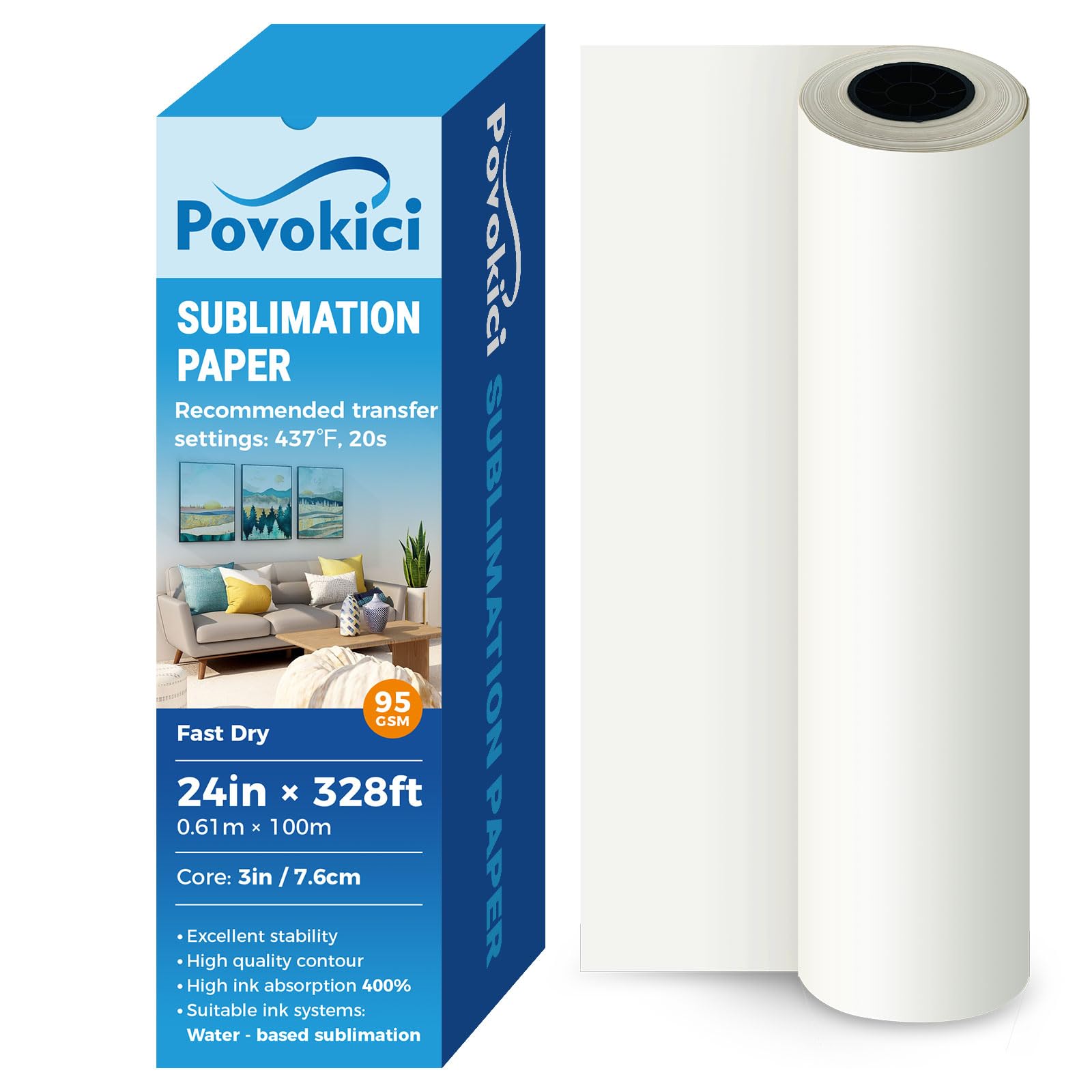 95gsm 24 "x 328" Farbstoff Sublimation Papier Schnell Trocken für E* pson F570 Wärmeübertragung Druck 3 "Kern US Lager