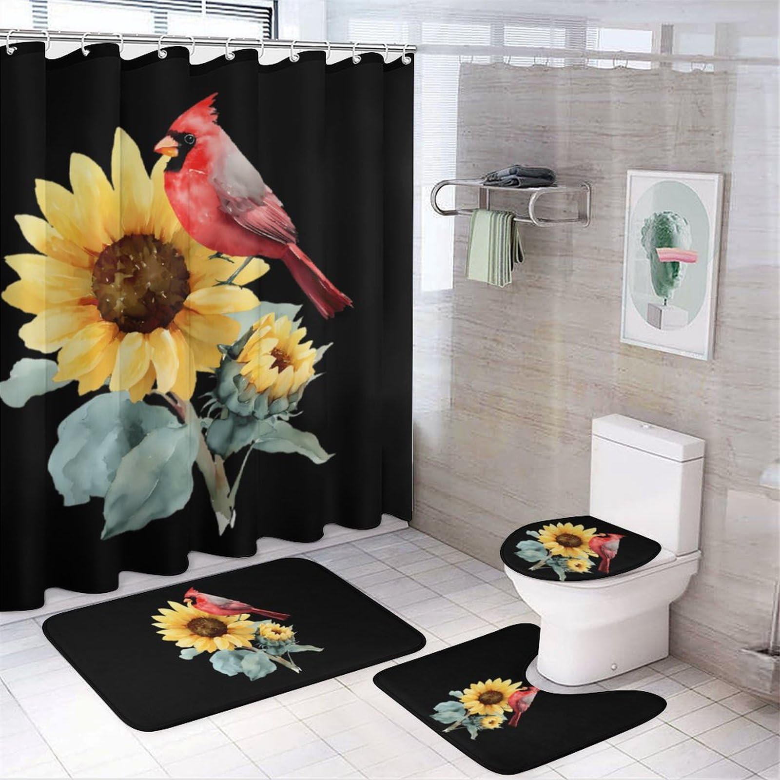 CGSBNGHA Watercolor Sunflower Cardinal Bird Shower Curtain Set 4 Piece Bathroom Sets with Rugs Toilet Lid Cover And U-Shaped Floor Mat