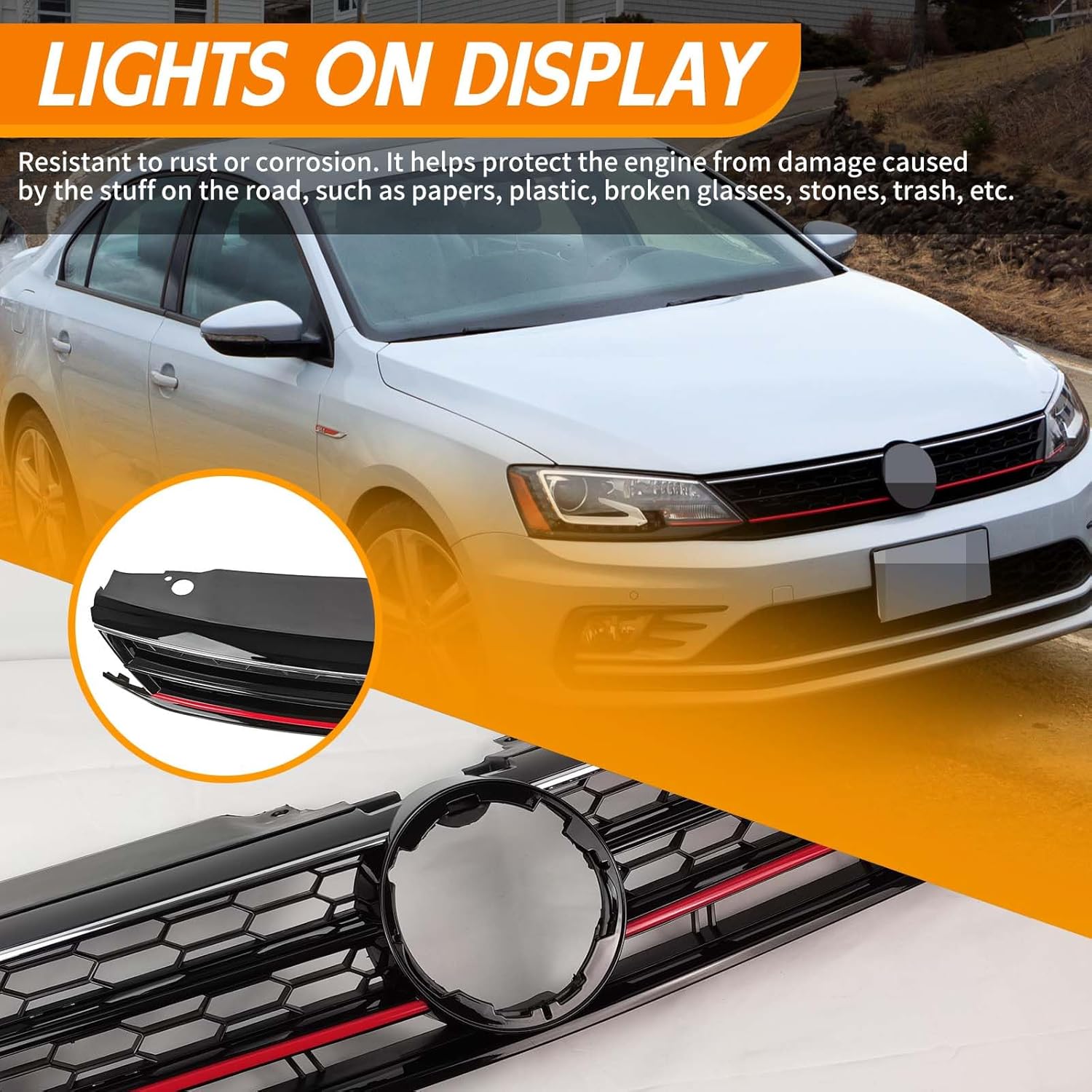 YLT AUTO Fit 2015 2016 2017 2018 For Volkswagen Jetta Front Cover Upper Bumper Grille Replacement Shroud VW Front Honeycomb Air Intake with Red Trim