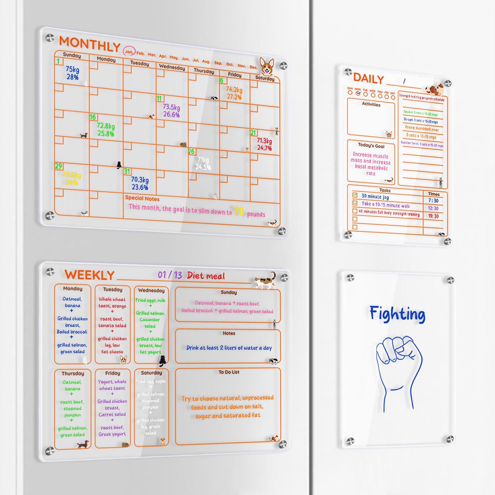 Magnetic Acrylic Clear Fridge Calendar Planner Note Board Set for Fridge,8Colors Markers,Erase Towel (Clear, Monthly & Monthly & Daily & Blank)
