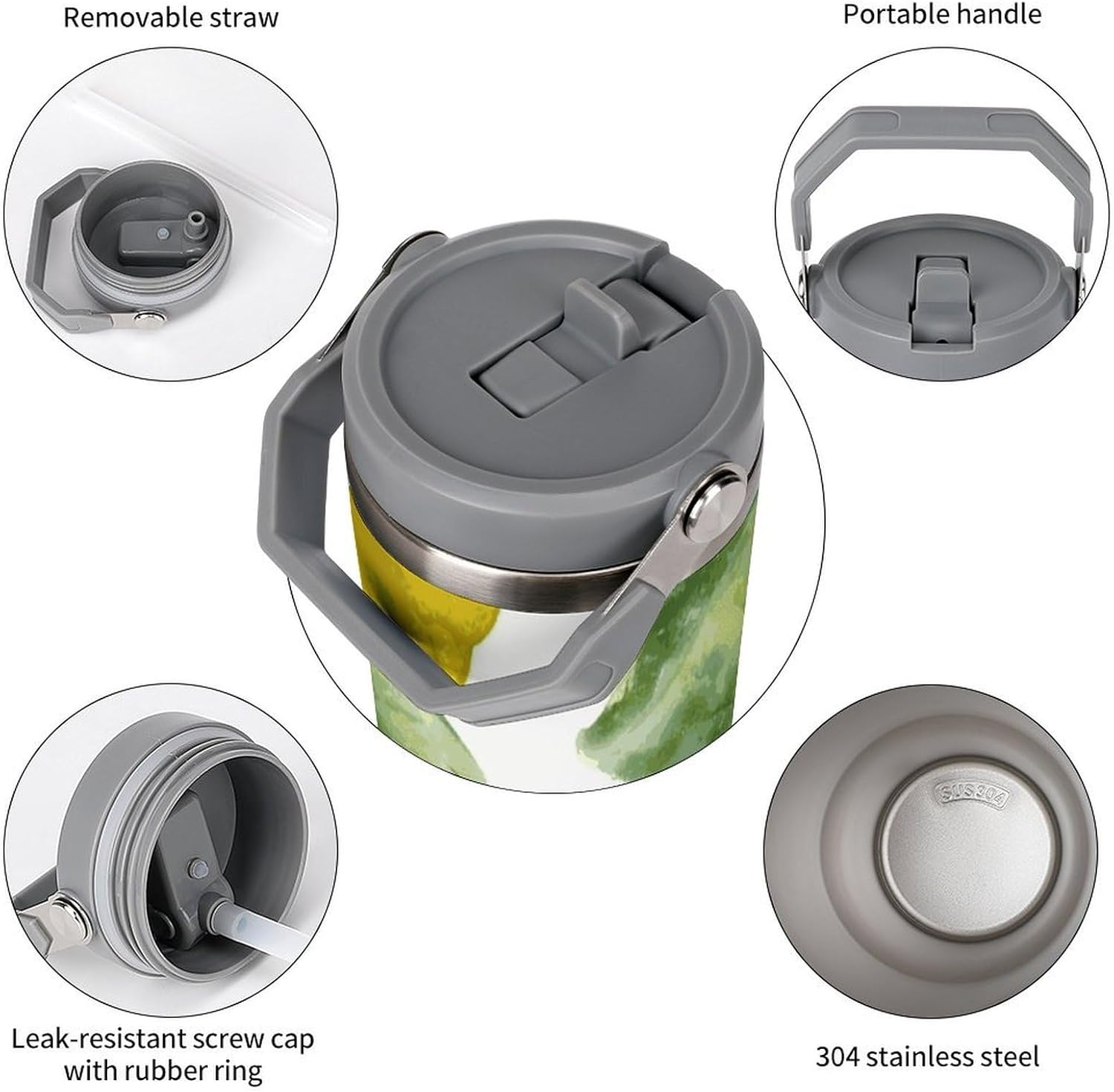 30oz Insulated Tumblers with Top Handle, Stainless Steel Lemon Branch Leaves Car Cup with Straw for Gift, Leak-Proof Double Wall Vacuum Travel Mug, Personalized Water Bottles White