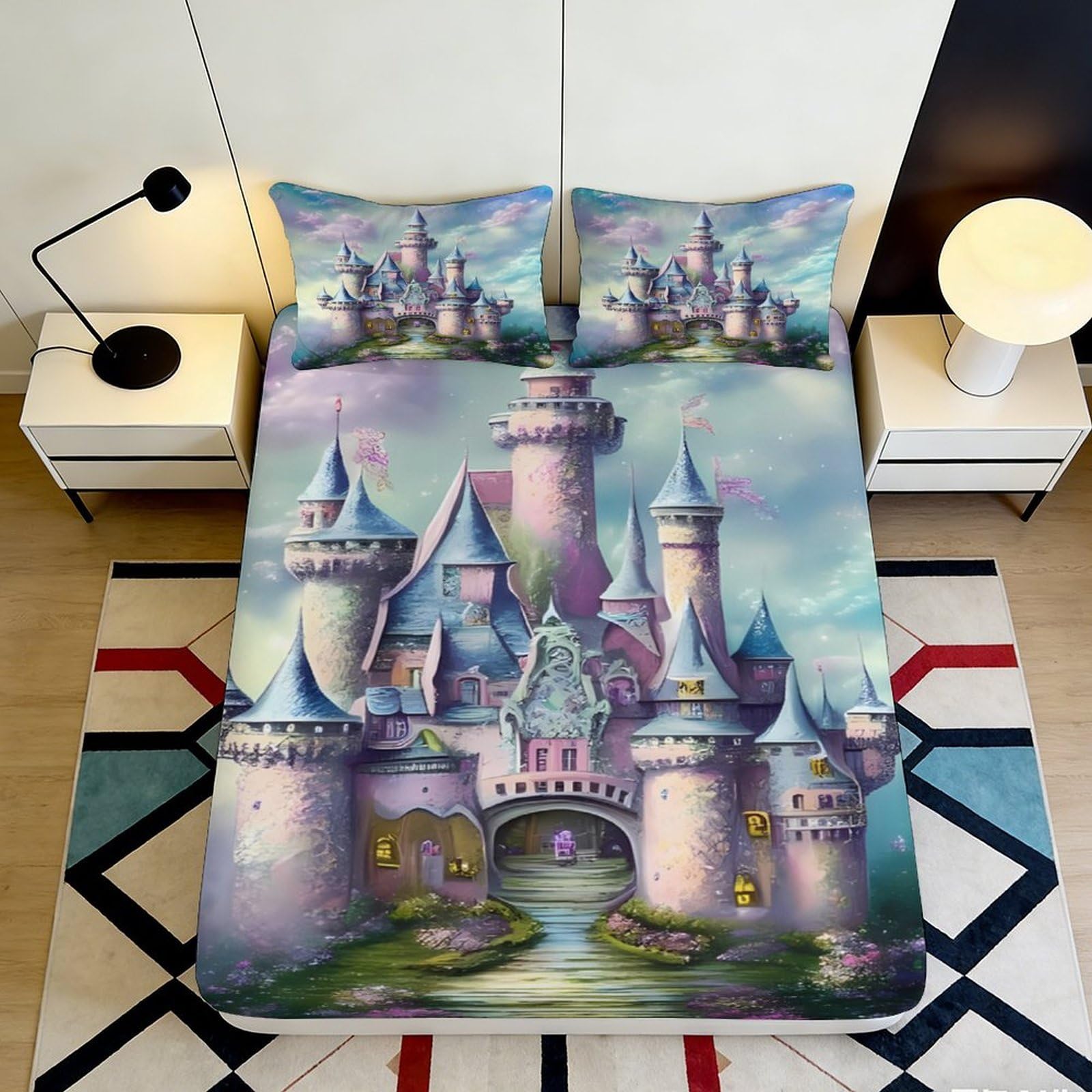 3D Printed Fantasy Castle Fitted Sheet Microfiber Soft Breathable Dreamy Fortress Bed Cover for Bedroom Dormitory Guest Room Mattress Protection Decor 120x200x25cm
