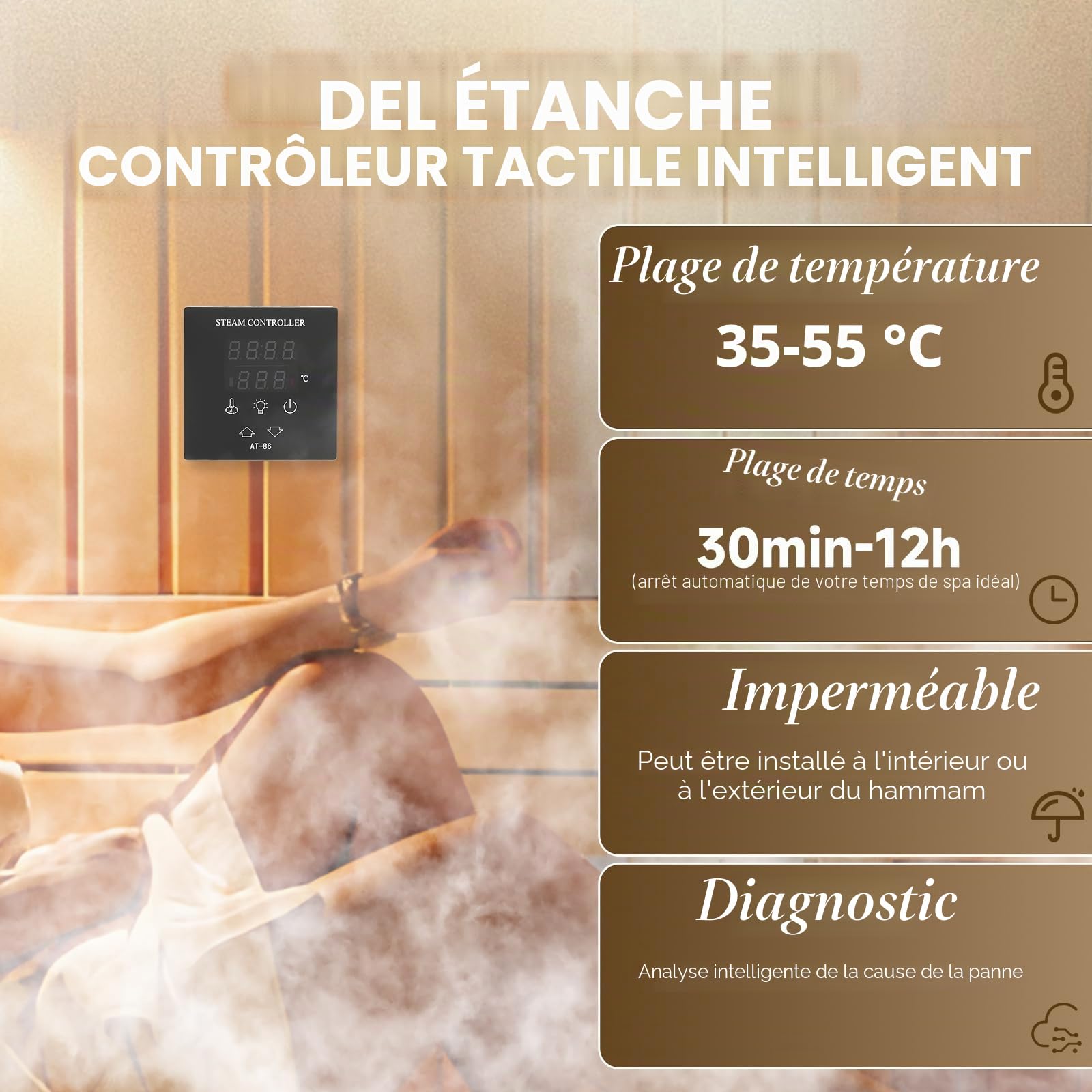 Hanchen 9KW Générateur de Vapeur pour Sauna Douche Turque 7,5 m³ Température réglable 35-55 °C Minuteur 10min-12h 380V