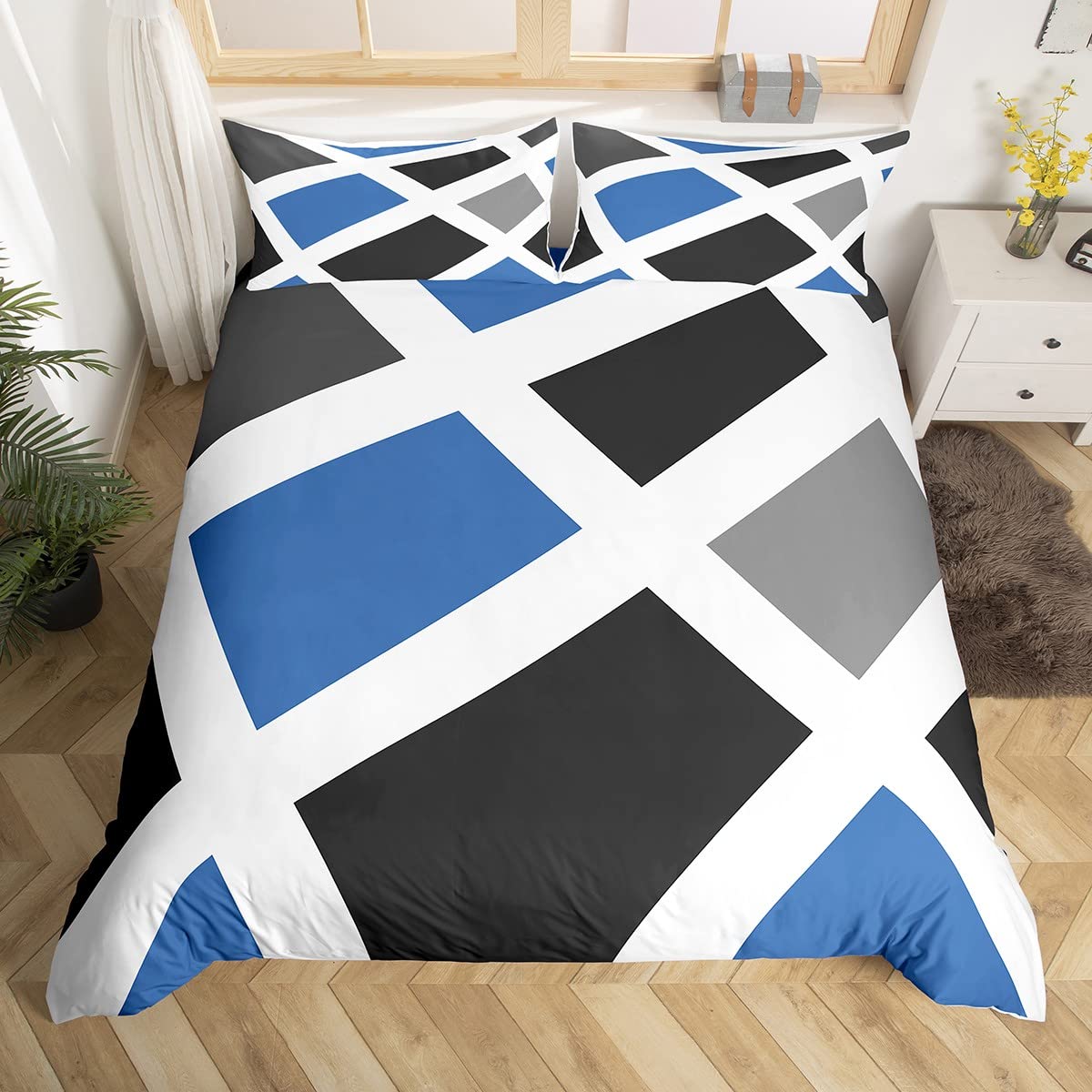 Loussiesd Set de ropa de cama geométrica abstracta para niños, funda de edredón moderna con rayas para niños, mujeres y hombres, decoración de triángulo gris y azul, funda de cubrecama, colección de 3