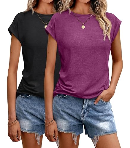 Pylnily 2 Pack Womens Tops Summer T-Shirts Crew Neck Casual Cap Sleeve Loose Fit Tunic Tops Basic Tee Tops
