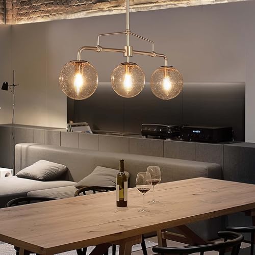 Miniatura 2 de Lámpara de araña, lámpara de araña dorada lineal de 3 luces, lámpara moderna de globo de 25.5 pulgadas para comedor, isla de cocina, pantallas de