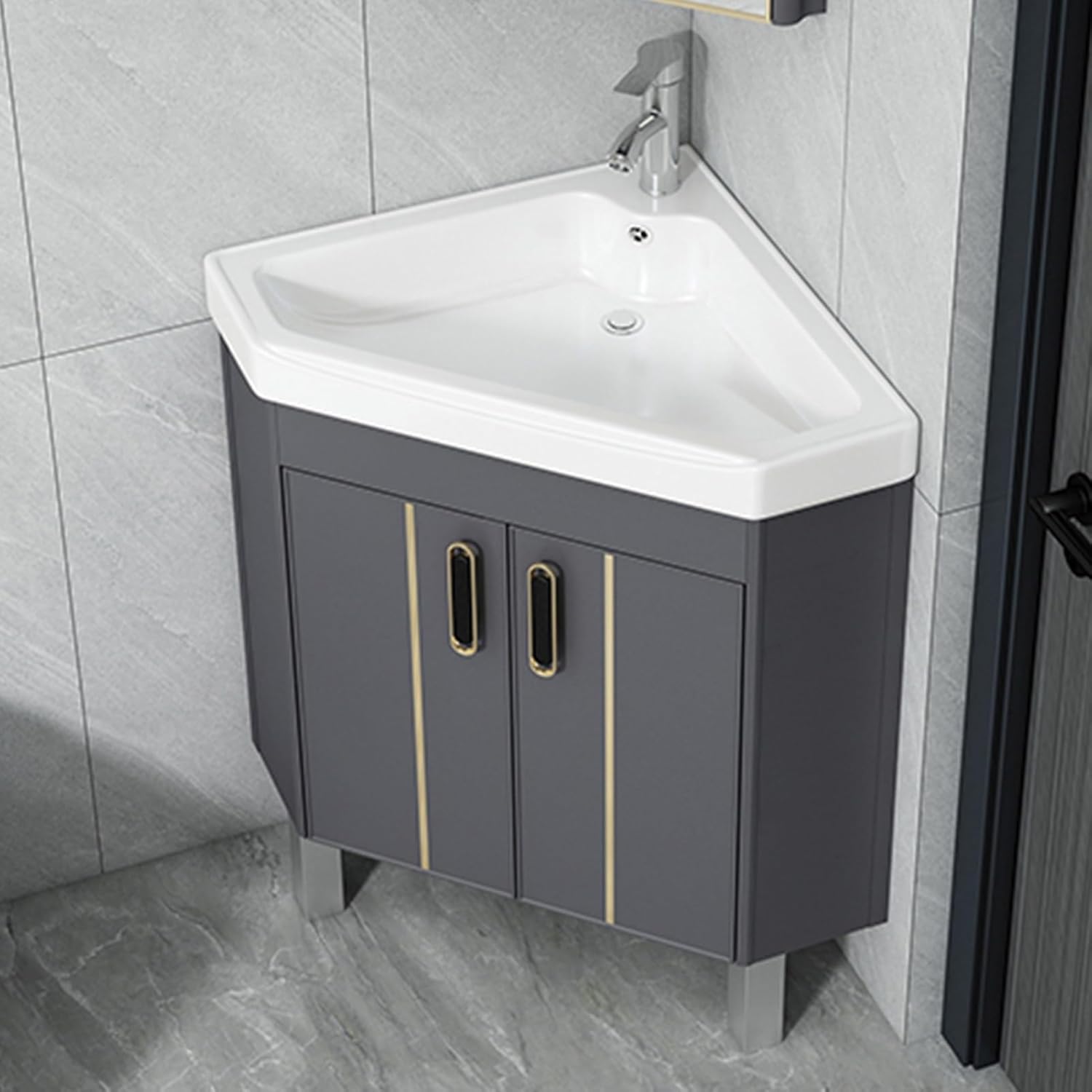 Corner Bathroom Sink, Ceramic Corner Sink, Floor-Standing Sink, Mount Bathroom Sink, Corner Balcony Sink With Storage Container, Corner Bathroom Vanity