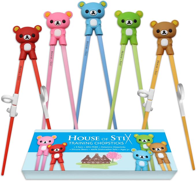 Kids Training Chopsticks for Toddlers, Kids and Adults – Removable Finger Helpers, Animal Design, BPA-Free, Dishwasher-Safe (Bears 5-Pack)