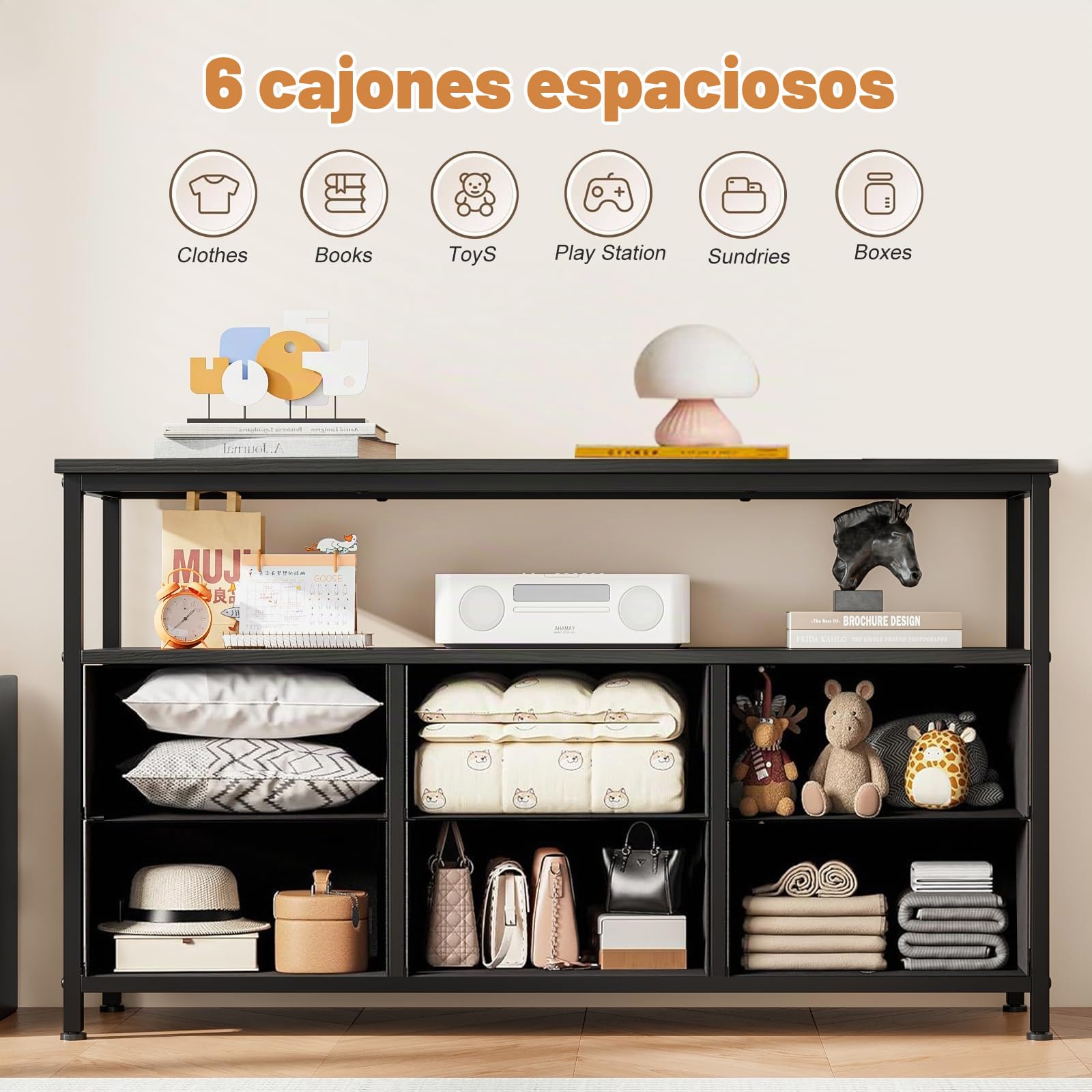 Mueble TV con 6 Cajones y Estantes Abiertos | Para TV de hasta 55", Negro, 120 × 30 × 68 cm, Ideal para Salón o Dormitorio