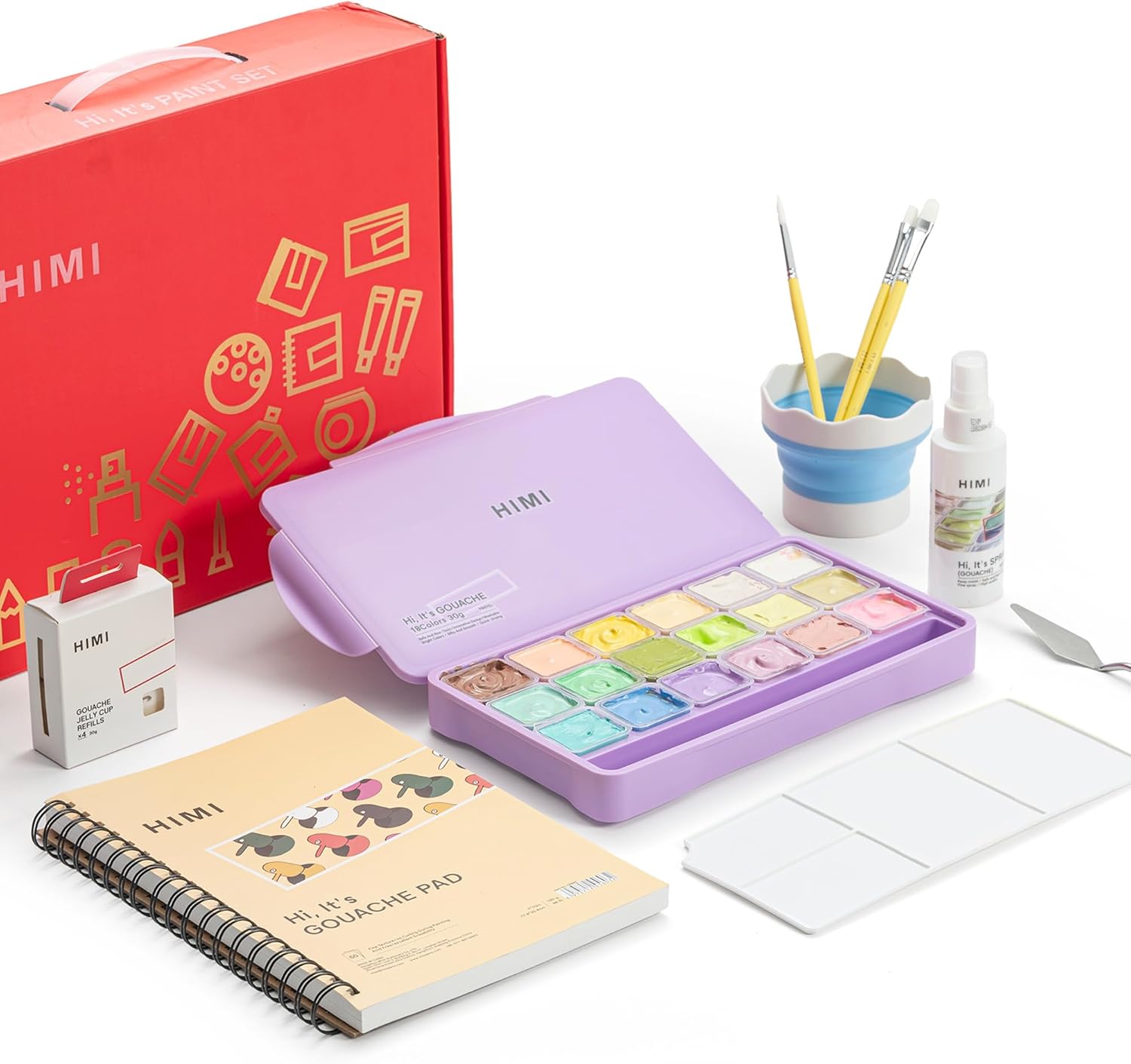 HIMI Deluxe 18 Colors Jelly Gouache Paint Gift Set – Complete Art Kit with Pad, Spray, Palette, Brushes, Painting Knife, Foldable Bucket & Refills for Beginners, Students & Artists (Purple)