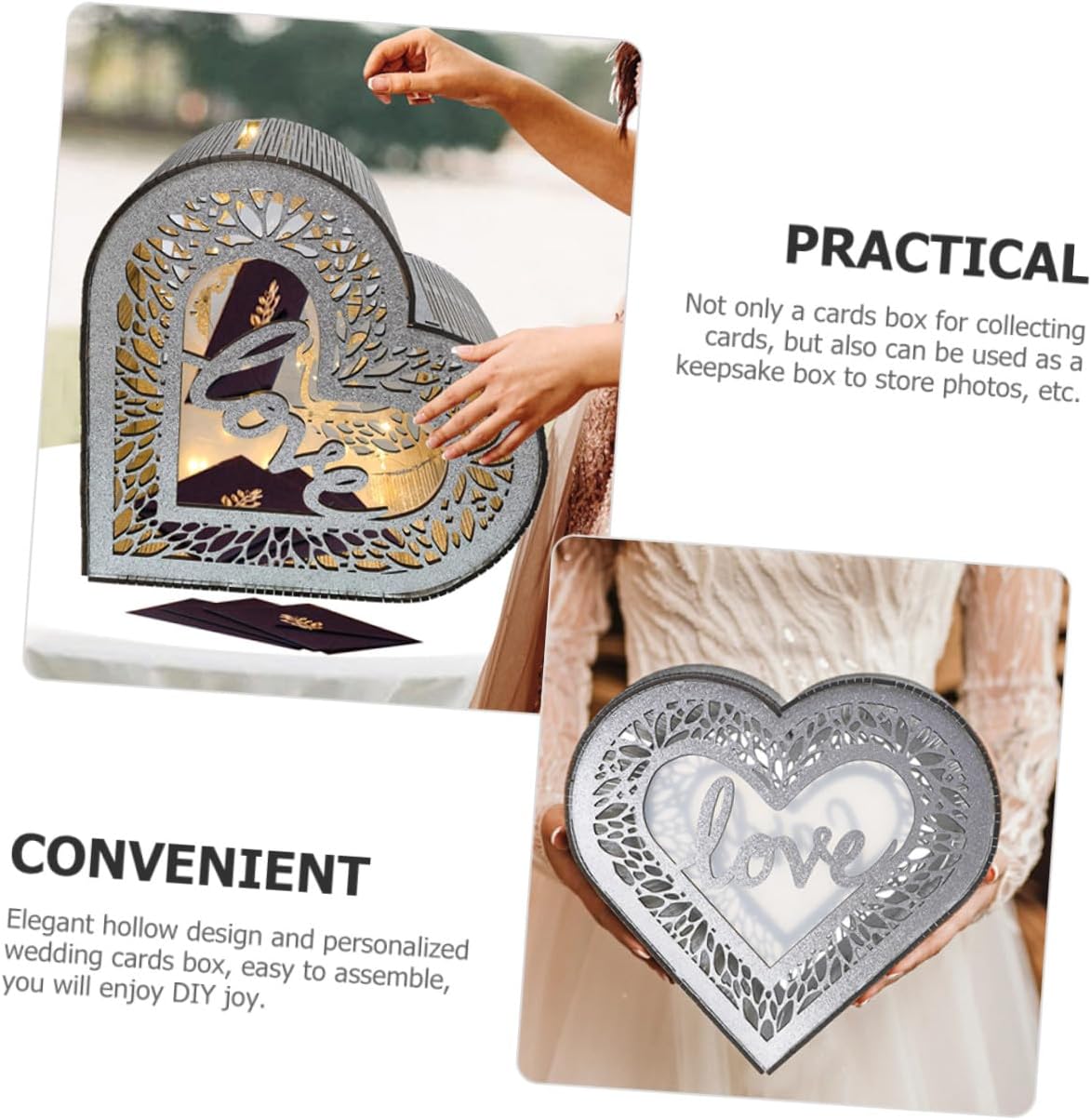 Ciieeo Wooden Heart-shaped Greeting Card Box with Hollow Glitter Design, Wedding and Anniversary Card Holder, Wood Storage Box for Valentines and Party Decorations