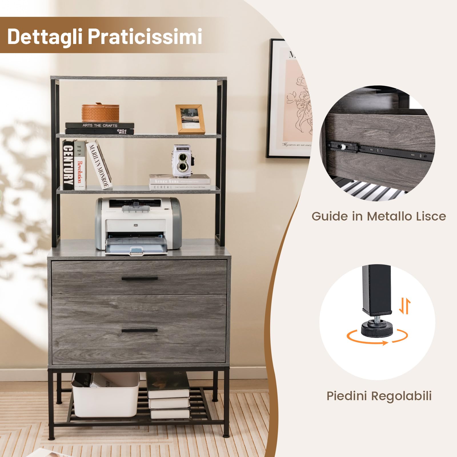 RELAX4LIFE Scaffale Libreria a 5 Livelli, Suppoto per Stampante, Mobile Portadocumenti Schedario da Ufficio, Armadietto Multifunzionale per Soggiorno, Studio, Camere da Letto (GRIGIO)