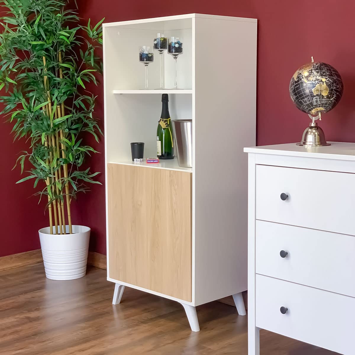 Homey - Mueble Bar para Salón o Comedor, Modelo Döburg, Práctico y Funcional, Color Blanco-Roble, Fácil de Montar, Medidas: 135 cm (Ancho) x 60 cm (Alto) x 40 cm (Fondo)