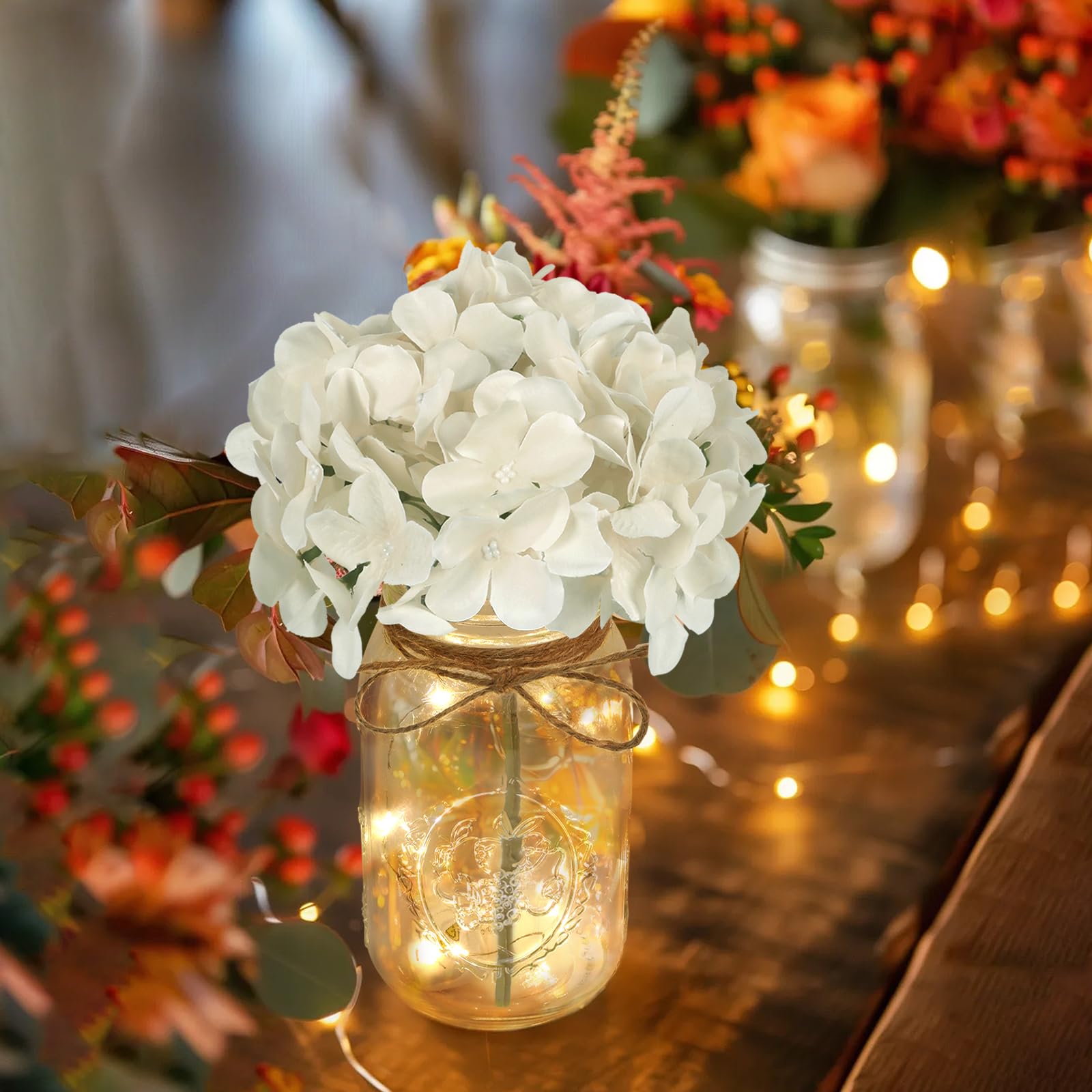 Juego de 3 luces de tarro Mason, hortensias blancas, decoración de mesa navideña