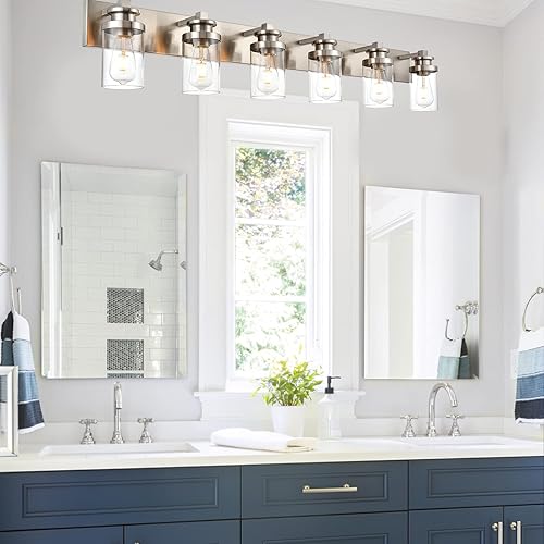 Miniatura 2 de BONLICHT Lámpara moderna de montaje en pared de níquel cepillado, lámpara de tocador de baño, aplique de pared de granja, 6 luces, accesorios de