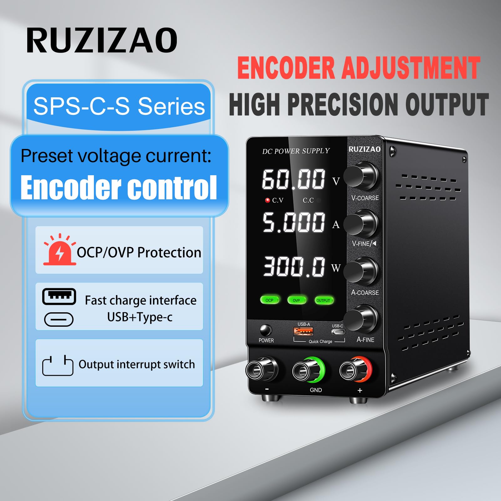 Alimentation de Laboratoire 60V 5A Alimentation Stabilisée Réglable avec OCP/OVP/Interrupteur de Sortie/Encodeurs de Précision, Alimentation de Banc de Laboratoire avec 18W USB Charge Rapide