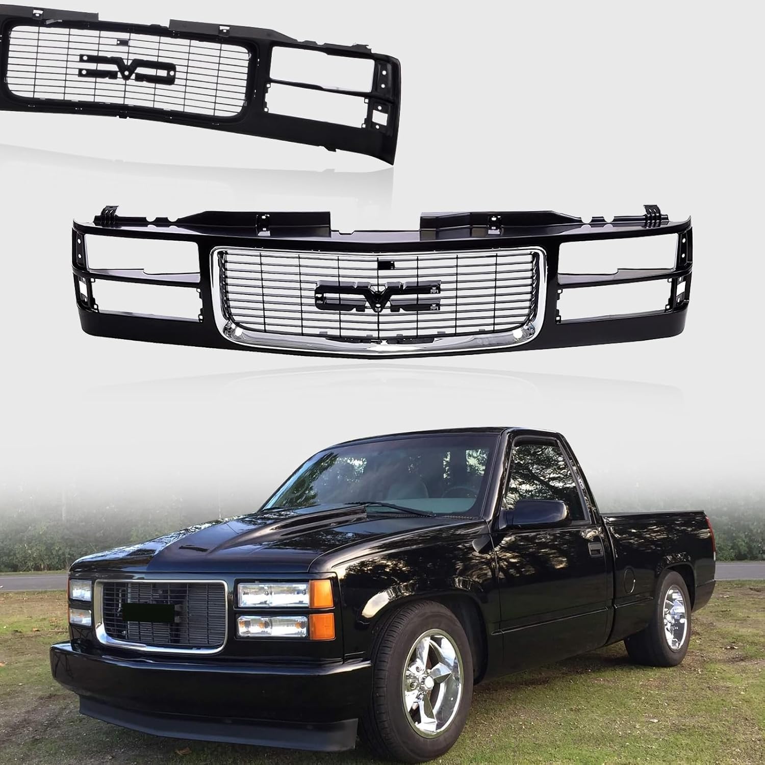 New Front Grille Black Shell and Insert Cross Bar Insert Replacement For GMC C/K Series Pickup 1994-2000/For GMC Suburban 1994-1999 With Chrome Insert Opening With Composite Headlights OEM 12388709