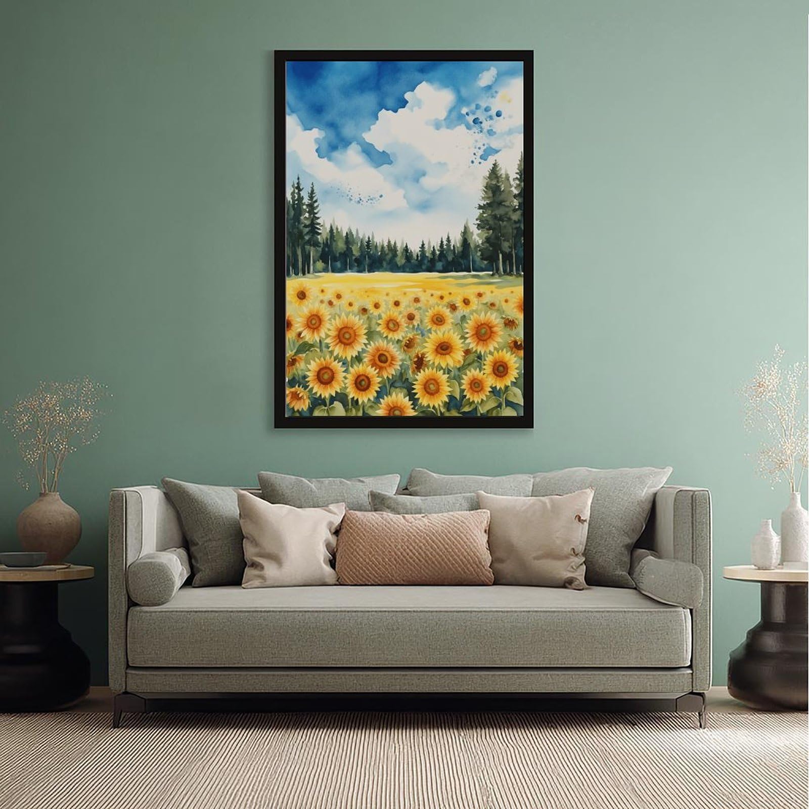 Mnyuein Póster de paisaje de verano de flores silvestres vibrantes, lienzo para decoración de pared, pinturas para sala de estar, dormitorio, marco negro, 30,5 cm de largo x 45,7 cm de ancho