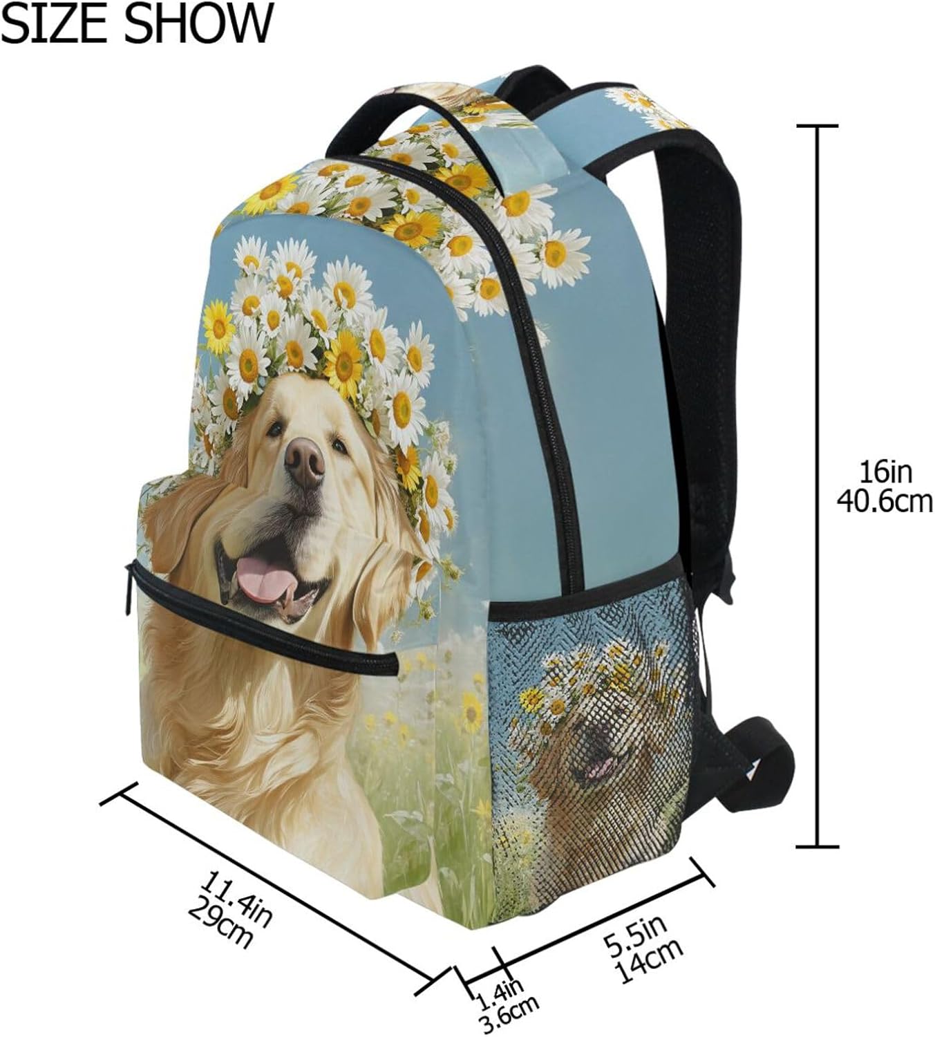 Pfrewn Golden Retriever Dog Happy Daisy Flowers Backpacks for Girls Boys Puppy Animals School Backpack Bookbags for Kids Students 16"