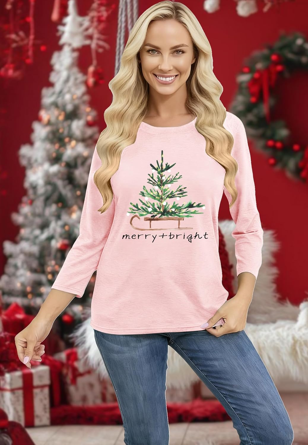 Christmas Shirts for Women: Merry Christmas Print Tshirt Xmas Tree Holiday 3/4 Sleeve Tee Tops - Image 4