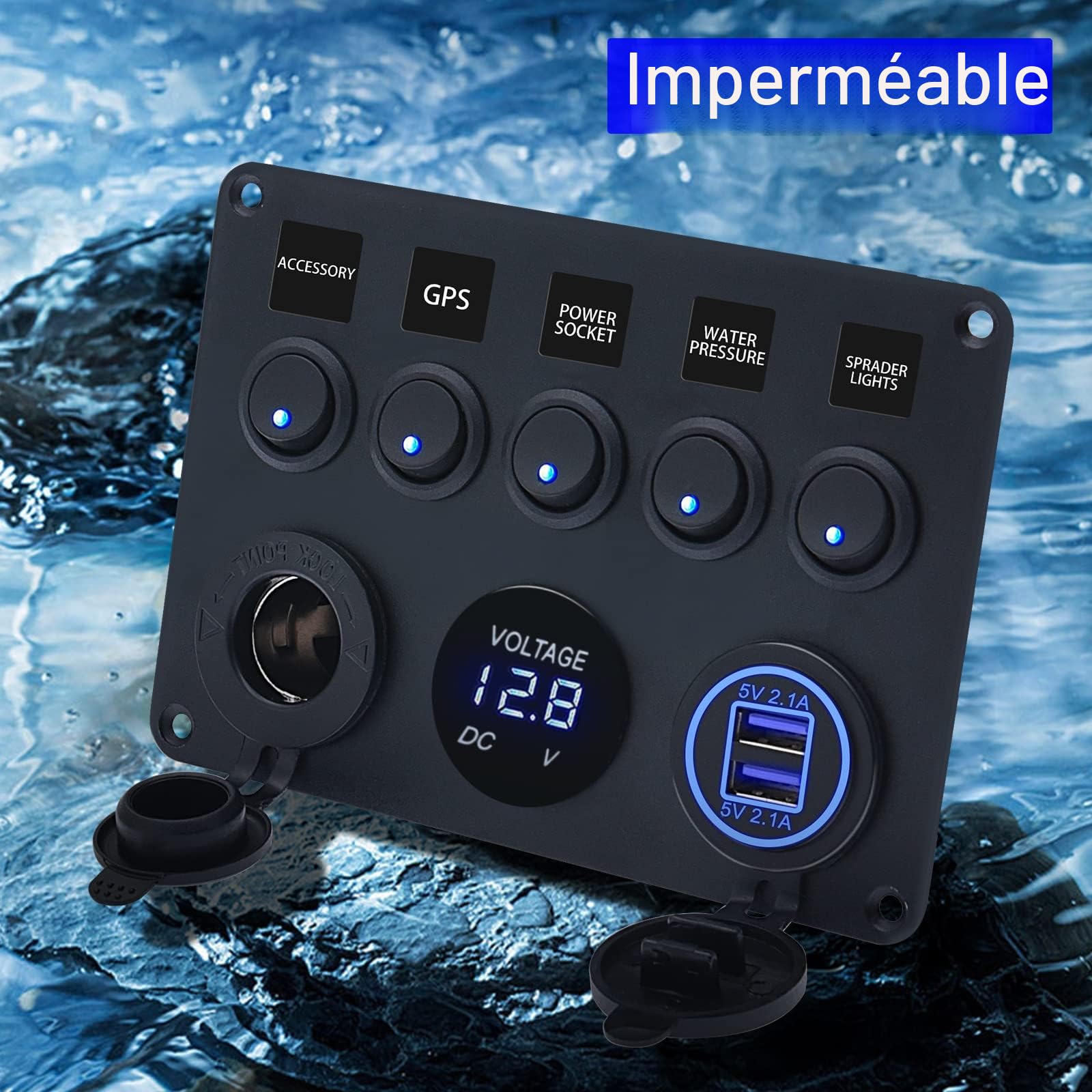 KAOLALI 5 Gang Panneau de Interrupteur à Bascule 12V 24V Interrupteur à Bascule Panneau Tableau Electrique Bateau RV Camping-Car (Bleu)