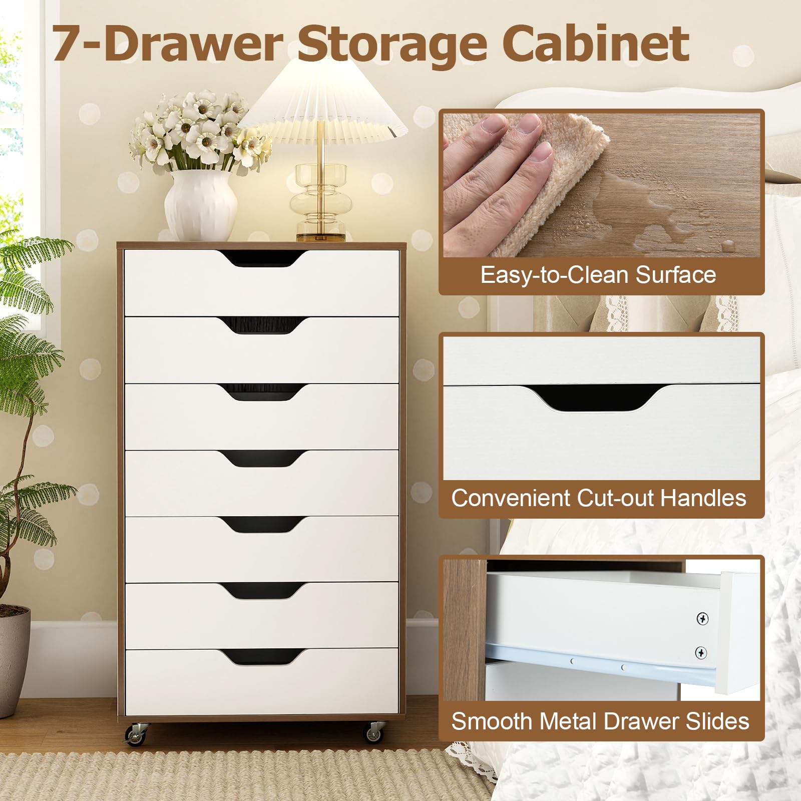 FANTASK Rollcontainer mit 7 Schubladen, Büroschrank Holz auf Rollen, mobiler Aktenschrank, Schubladenschrank für Zuhause Büro (Natur)