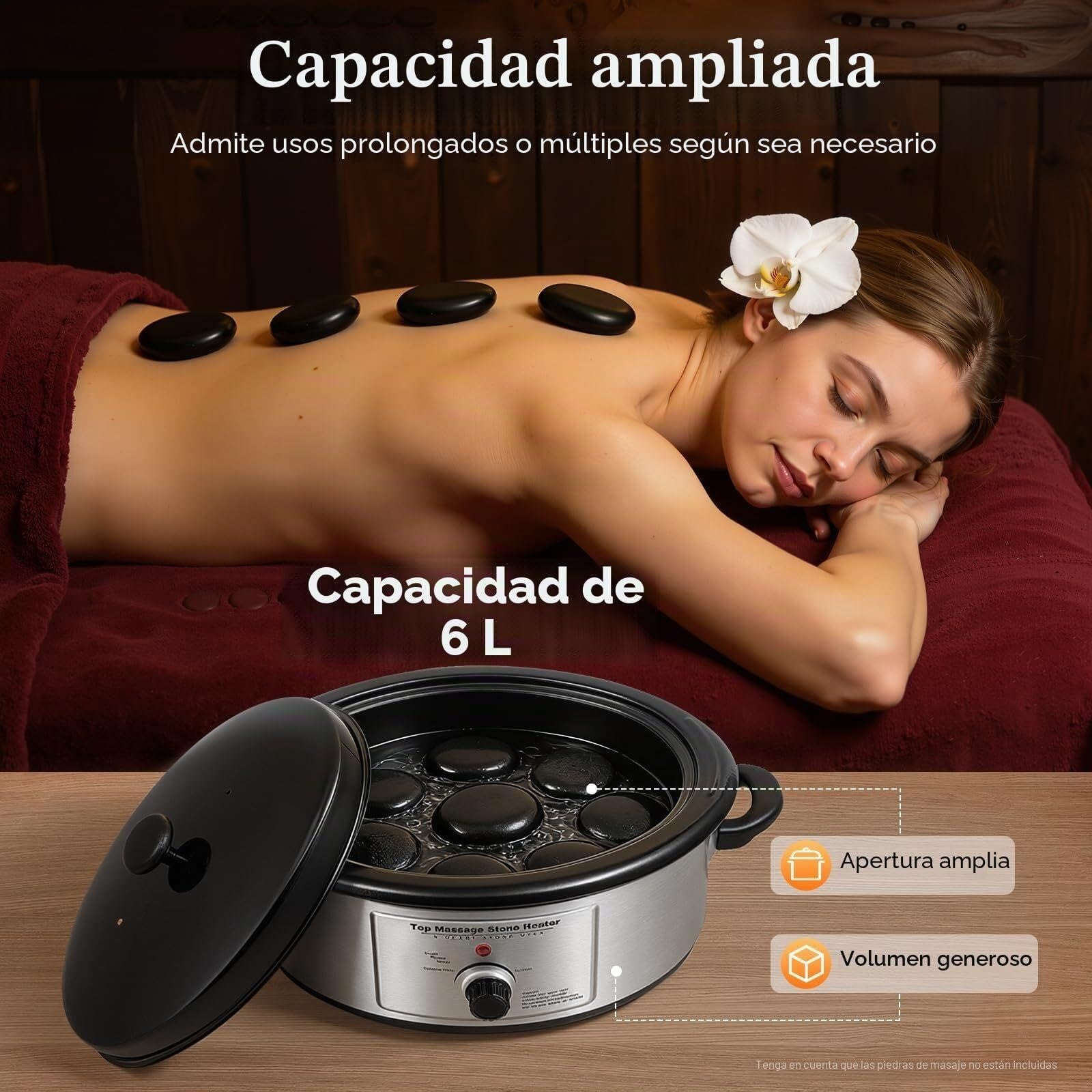 Calentador de Piedras 6L Masaje 750W | Calienta piedras de masaje hasta 100°C. Control preciso, gran capacidad 6L, seguro y duradero para spa, salón o casa.