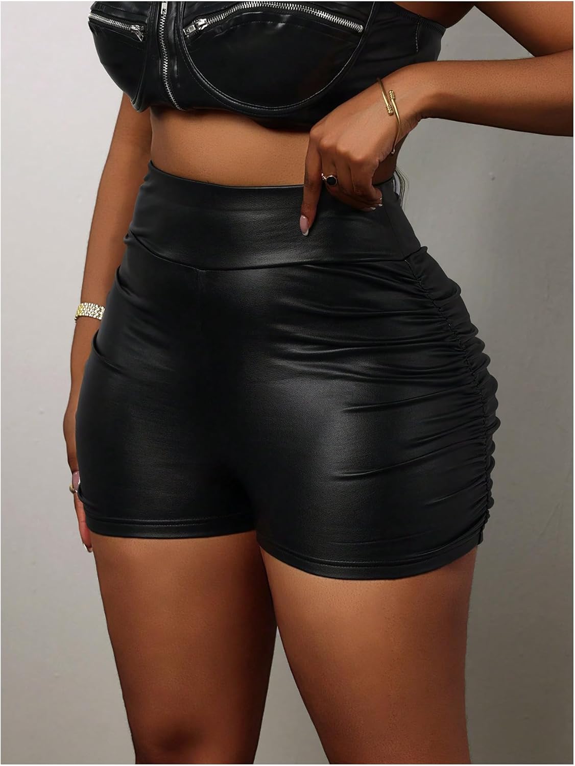 Verdusa Women's Ruched Faux Leather Mini Shorts High Waisted Booty Sexy Going Out Rave Shorts - Image 4