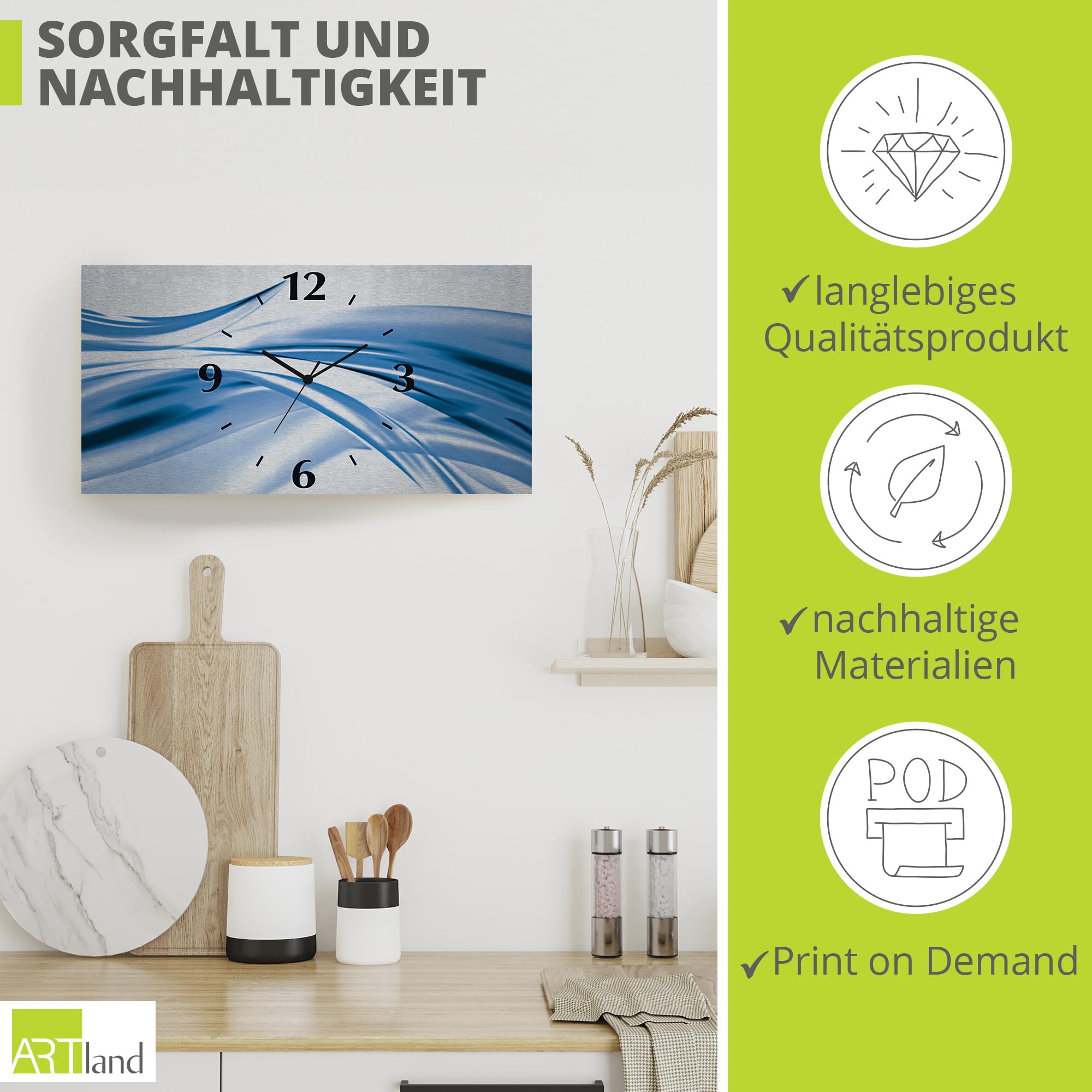 ARTLAND Wanddeko Wanduhr ohne Tickgeräusche Alu Quarzuhr 50x25 cm Eckig Lautlos 3D Design Welle Abstrakt Modern Ausgefallen T1EV