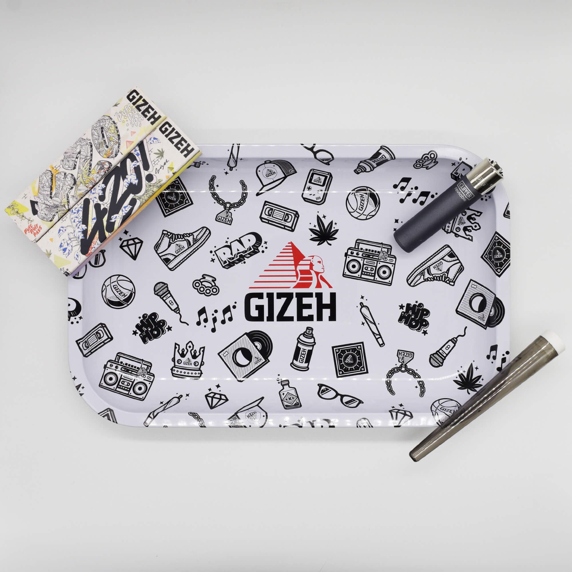 GIZEH Comic Mix White Large Rolling Tray Set - Mischeschale Stoner Kit/Kiffer Box mit Feuerzeug, Longpapers, Filter Tips und Joint Tube - perfektes Kiffergeschenk!