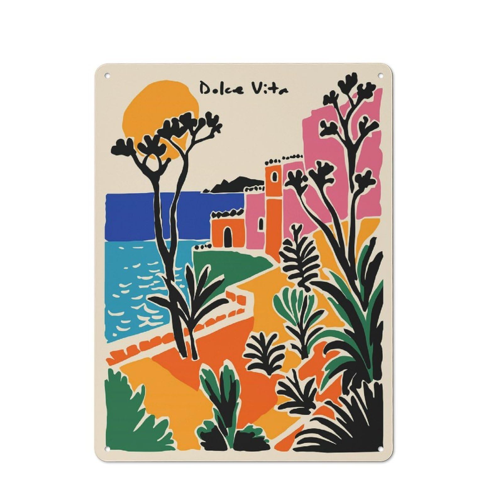 Junmoney Style-8 Industrial Metal Sign With Dolce Vita Coastal Landscape Illustration Design 40X30cm, Clean Industrial Urban Room Decor For Flat, Bar, Studio Or Gallery Wall