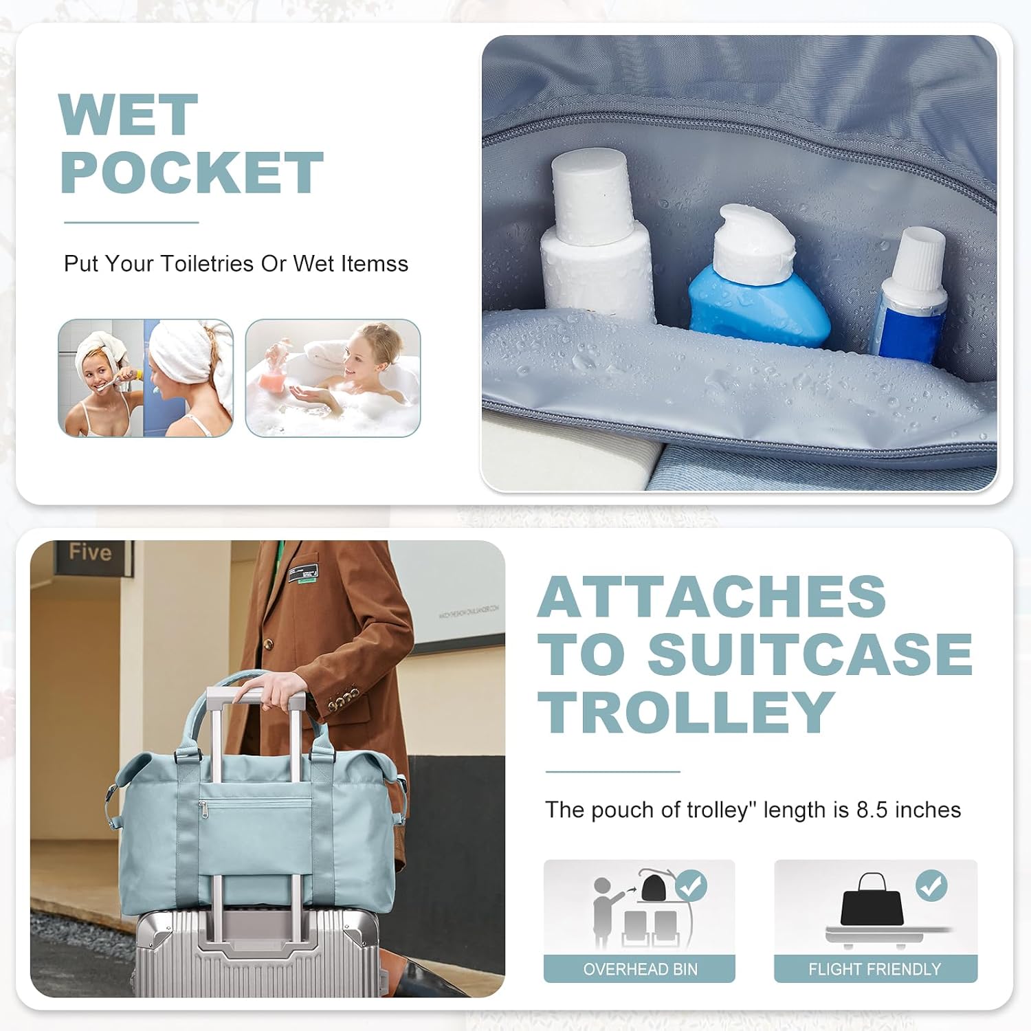 Travel Duffel with Toiletry Bag, Weekender Overnight Carry-on, Extra Large Light Blue
