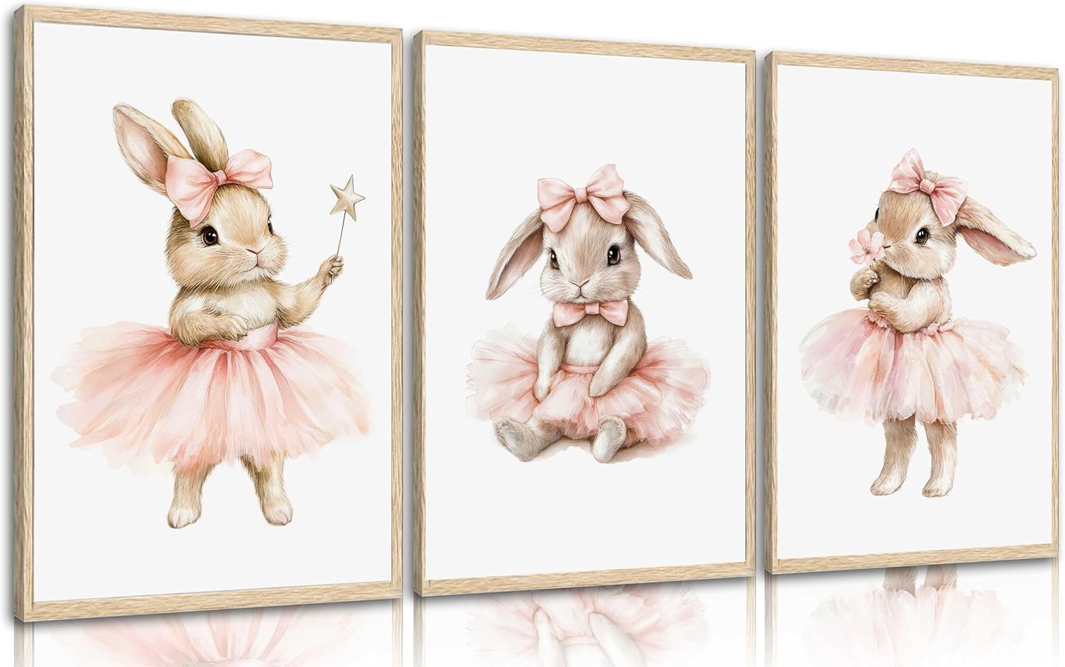 YUFXSTZV 3pcs Pink Bunny Wall Art Ballet Bunny Wall Decor Cute Nursery Posters Pink Little Baby Girls Nursery Canvas Painting Animal Prints for Baby Girl Bedroom, Kids Room Decor Unframed