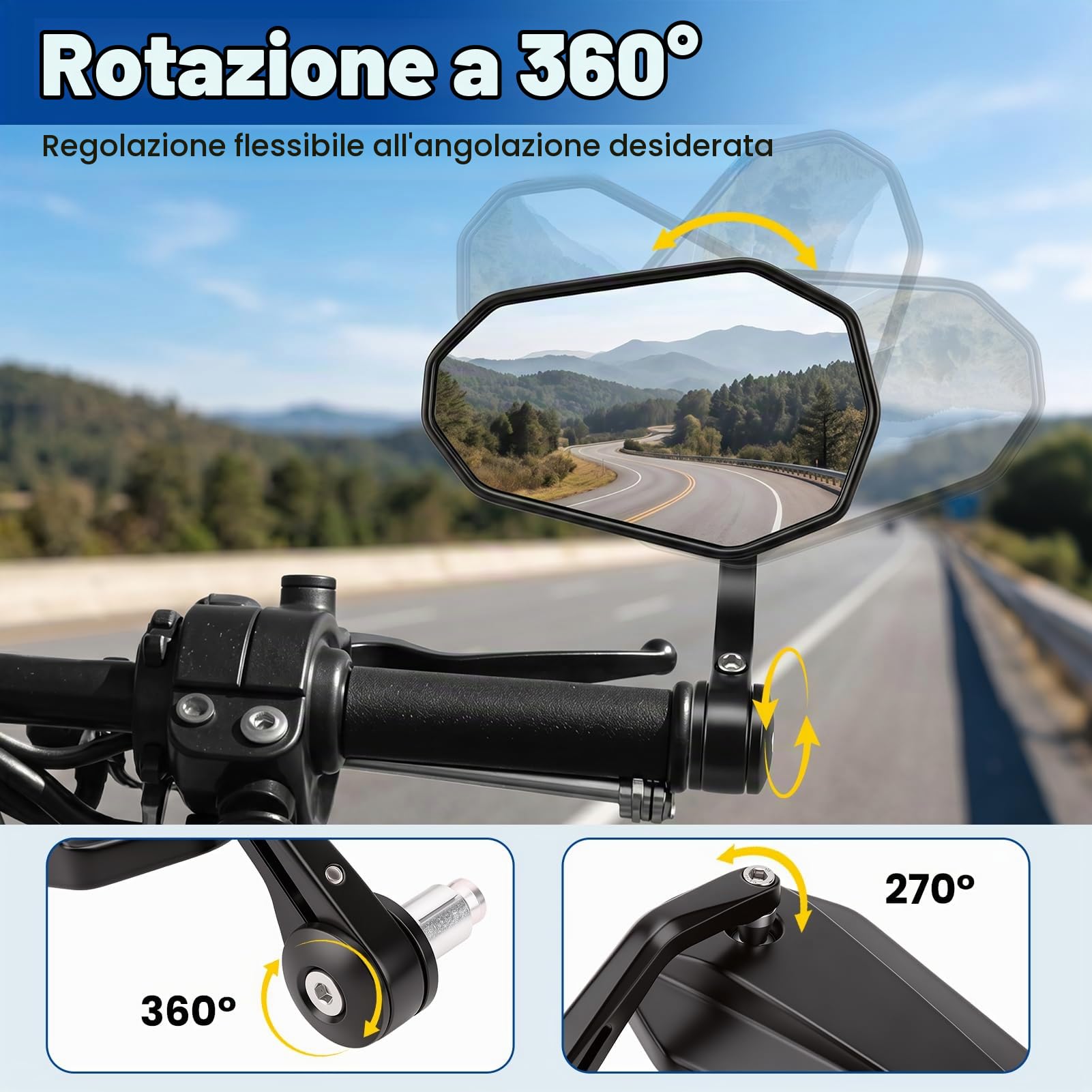 Specchietto Retrovisore per Manubrio Moto, Ruotabile a 360° Specchietti | Rotazione di 360°, Regolazione semplice, E24 Omologati, impermeabile e Resistenza sismica, per maggior parte moto scooter