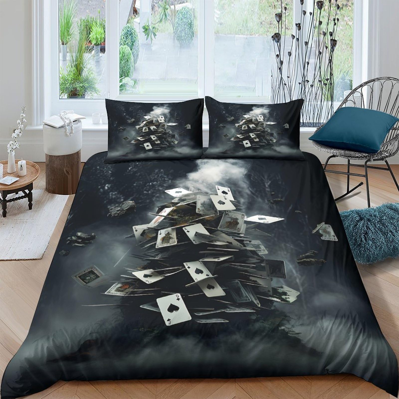 Ctjqhvkz Style-8 3D Printed Playing Cards Fitted Sheet Microfiber Soft Black Artistic Poker Bed Cover For Bedroom Guest Room Decor Single（135X200cm）