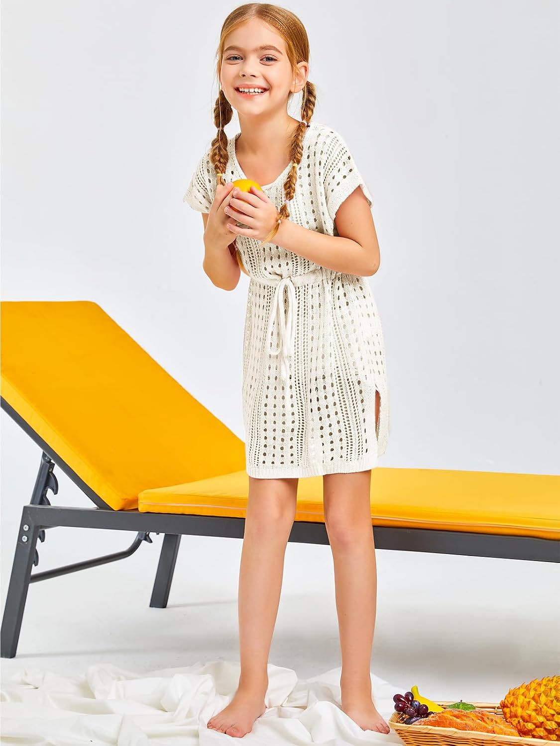 Haloumoning Girls Crochet Swim Beach Cover Up Short Sleeve Swimsuits Long Beach Dress 5-14 Years