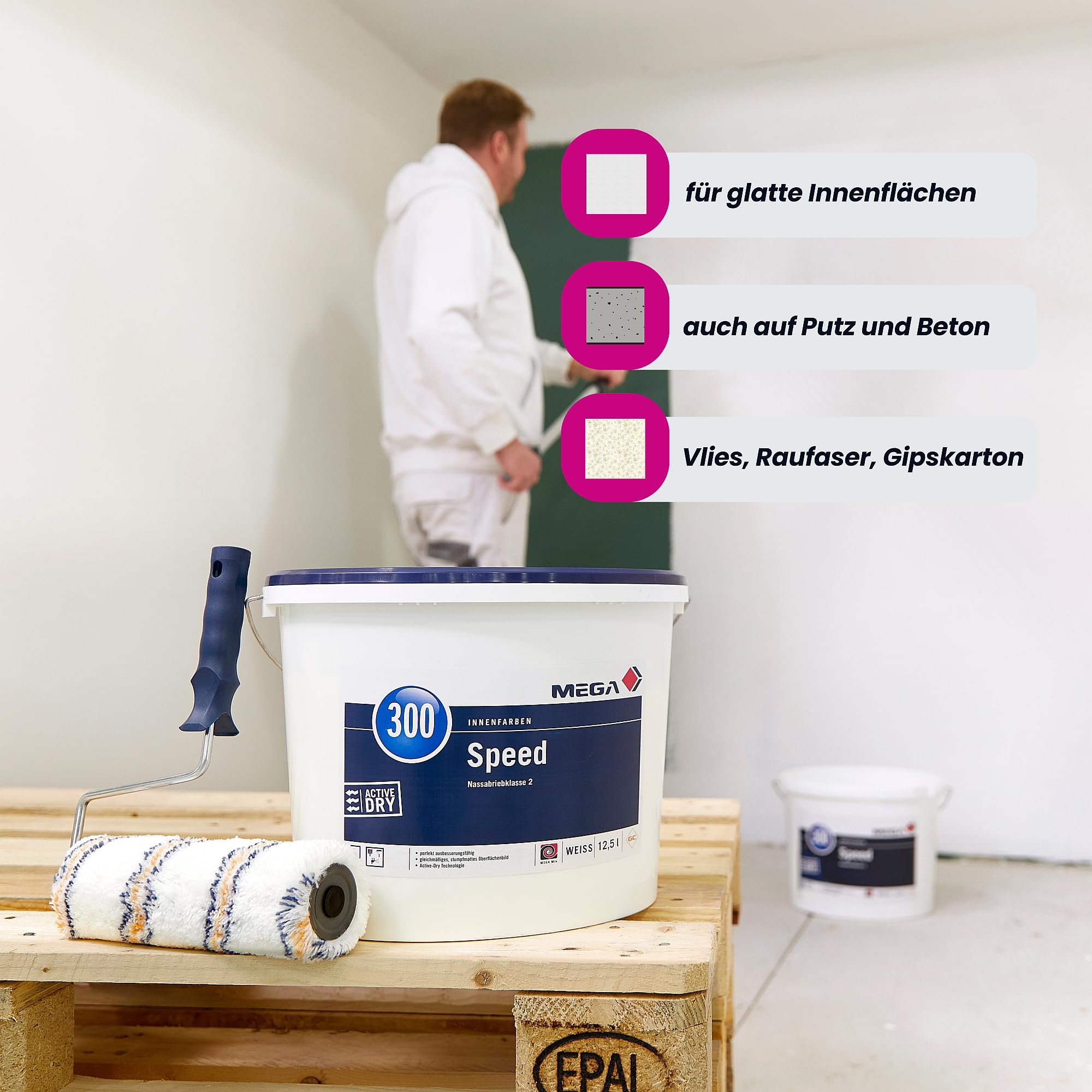 MEGA 300 Speed Wandfarbe Weiß 12,5L inkl. sdw-tools-Rührholz - Innenfarbe | Deckkraftklasse 1 | Scheuerbeständig | Profi-Wandfarbe für streifenfreie Wände & Decken | Weichmacher- & Lösemittelfrei