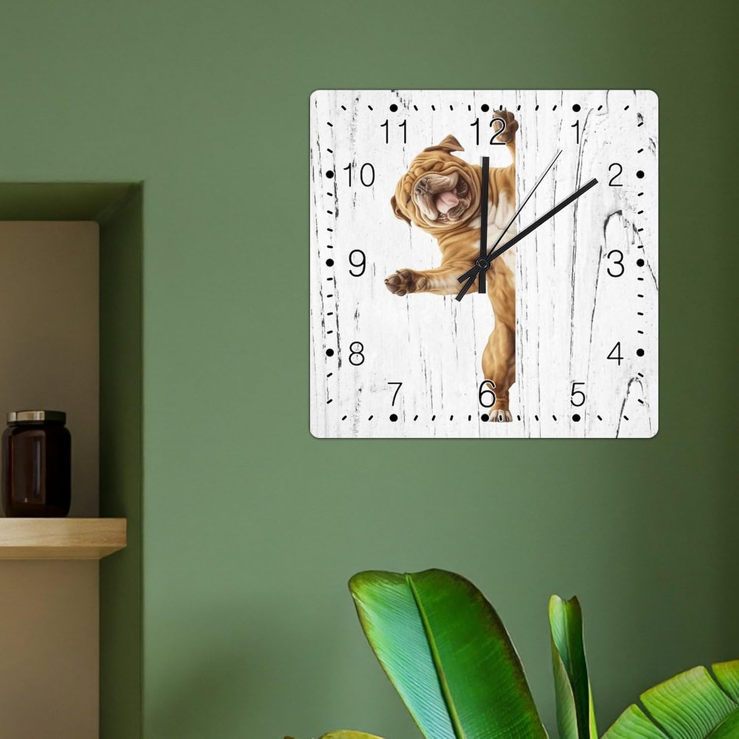 Pug Clock for Wall Pug Dog Peeking ASquare Corner Clocks Battery Operated Silent Art Clocks Funny Dog Animal Wooden Clock for Bathroom Bedroom 12x12in Housewarming Gift