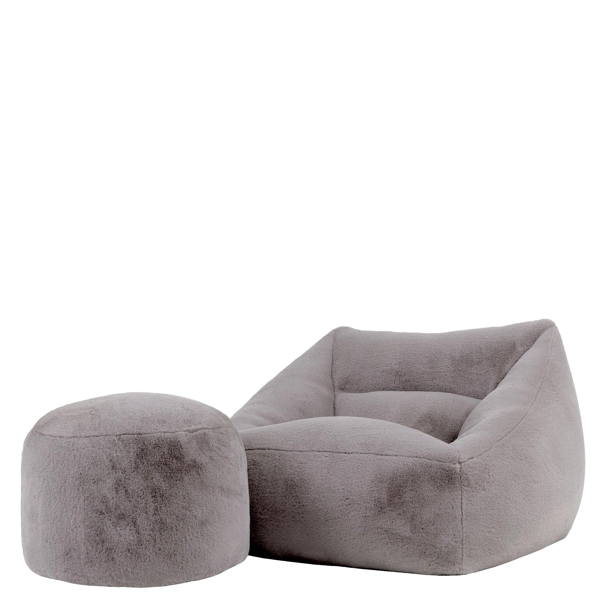 icon Natalia Bean Bag Chair with Pouffe, Light Grey, Faux Fur, Large Adult Bean Bag with Filling Included, Comfy Chair, Armchair, Living Room Furniture, Bedroom Furniture