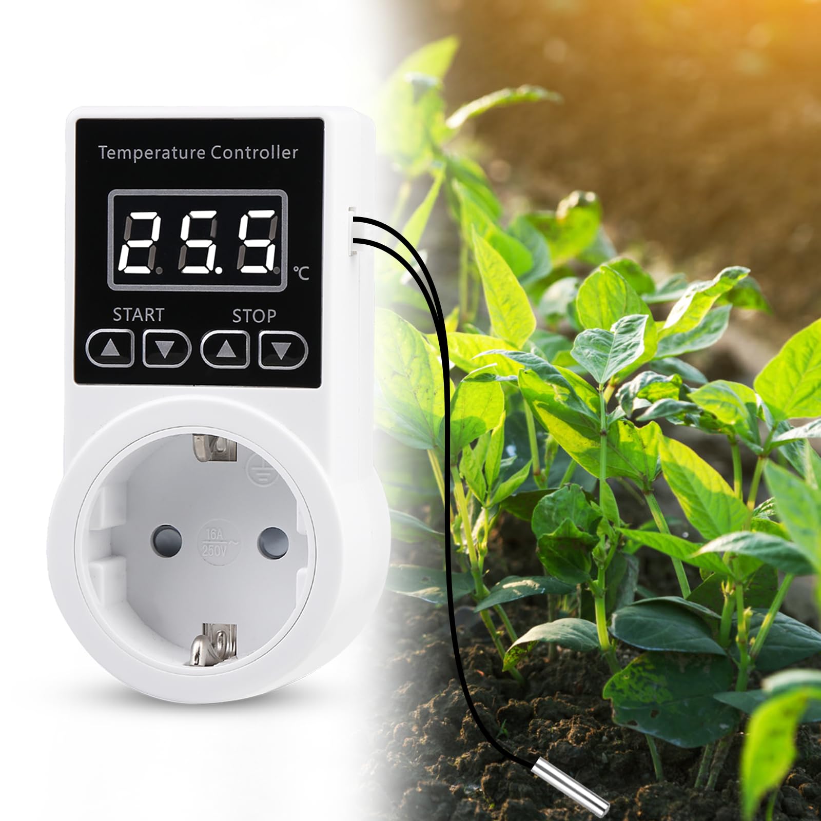 Vaileal Presa termostatica, regolatore di temperatura, regolatore di temperatura digitale con sonda, interruttore di temperatura impermeabile, termostato intelligente per serra, contenitore in vetro