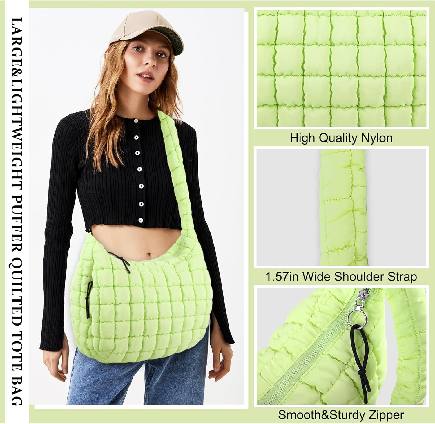 Quilted Puffer Tote Bag Purse Puffy Crossbody Shoulder Bag,Lightweight Nylon Hobo Bag Puffer Carryall Bag for Women Girl - Image 3