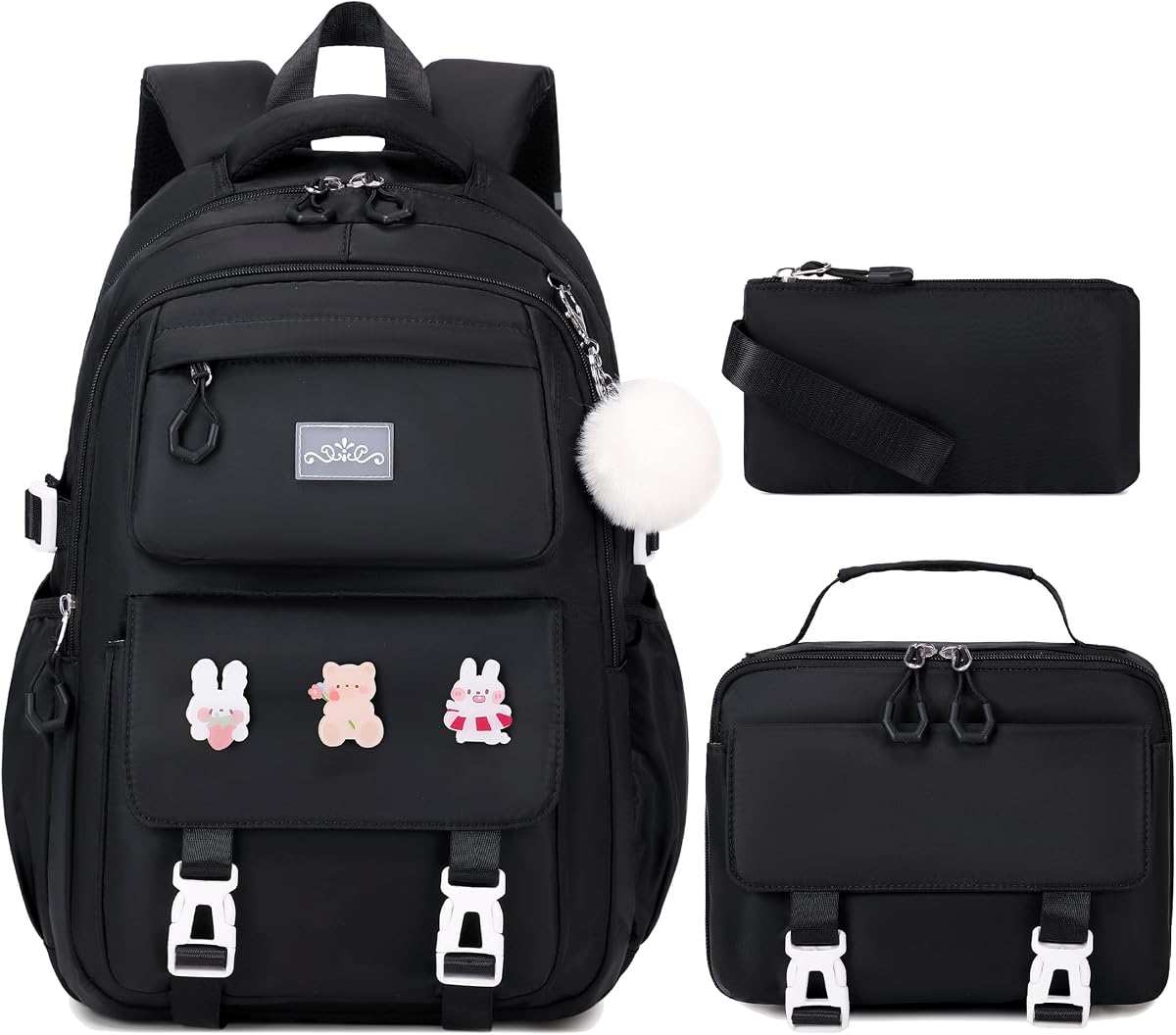 Girls Backpack for School, Kids Backpack for Girls with Lunch Box | 3PCS School Bookbag with Pencil Case Cute Pins for Teen Girl Elementary Primary Middle High School College, Black