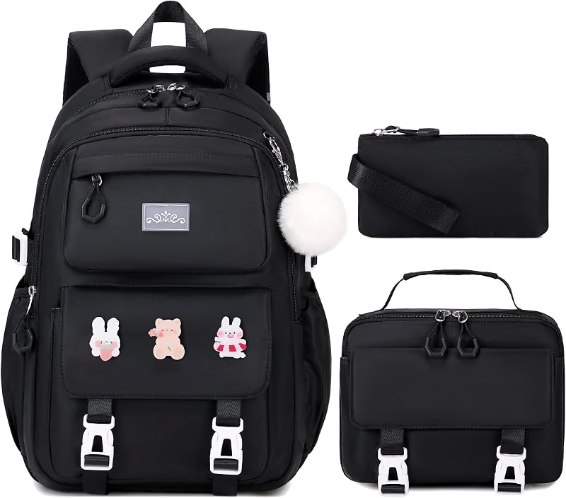 Girls Backpack for School, Kids Backpack for Girls with Lunch Box | 3PCS School Bookbag with Pencil Case Cute Pins for Teen Girl Elementary Primary Middle High School College, Black