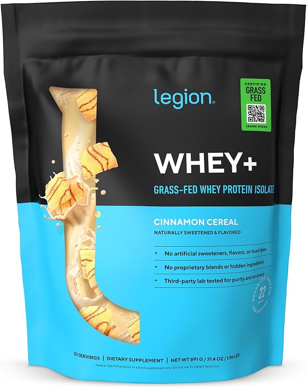 LEGION Whey+ Protein Whey Isolate from Grass Fed Cows (Cinnamon Cereal, 30 Servings) - Whey Protein Isolate Powder Low Calorie, Non-GMO, Sugar Free, Lactose and Gluten Free, All Natural Protein Powder